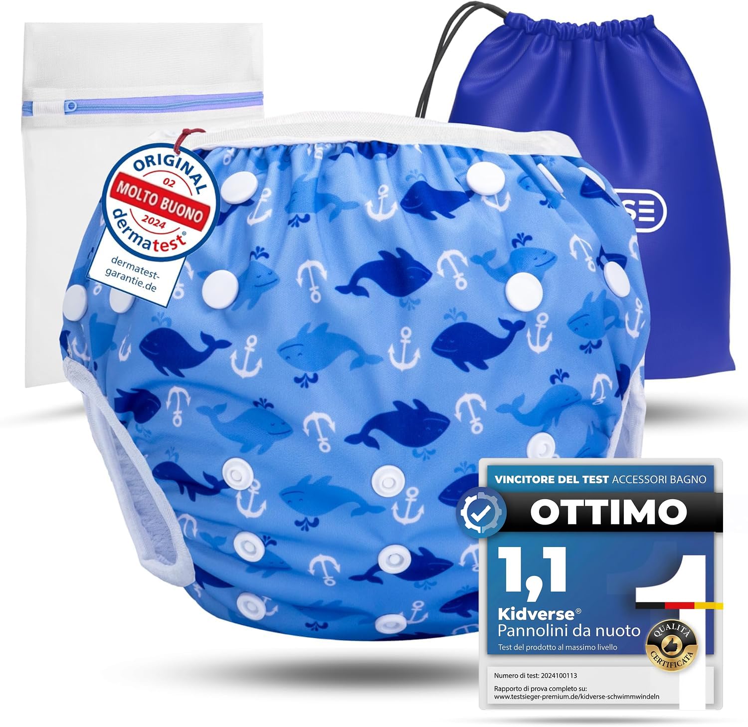KIDVERSE Pannolini Acquatici Baby Costume da Bagno 0-3 Anni – Pannolino Piscina Neonato Regolabile con Borsa e Rete