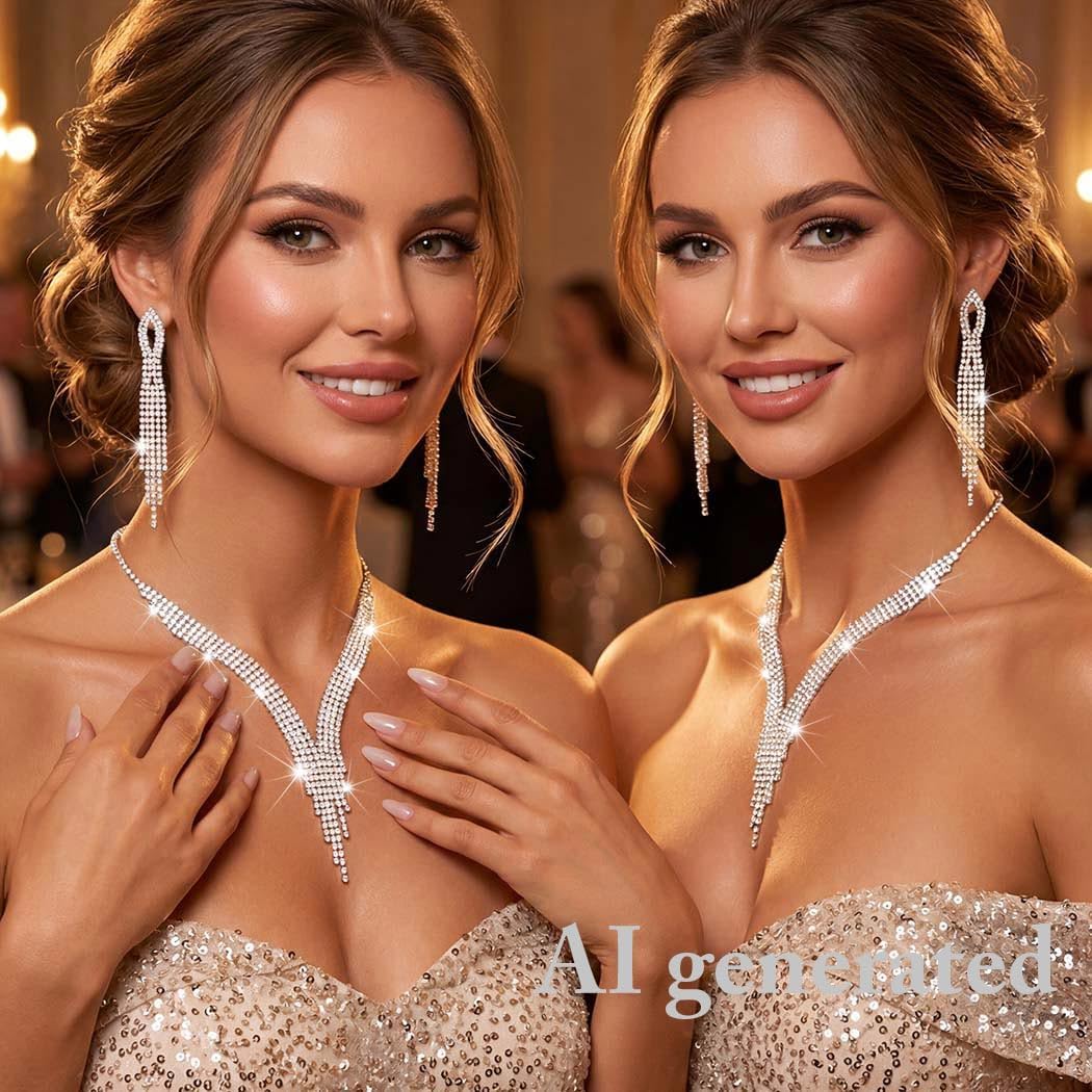 Sixexey Rhinestone Bridal Jewelry Set Silver Wedding Jewelry for Women | Sparkly Necklace Earrings Prom Party Jewelry Accessories for Women