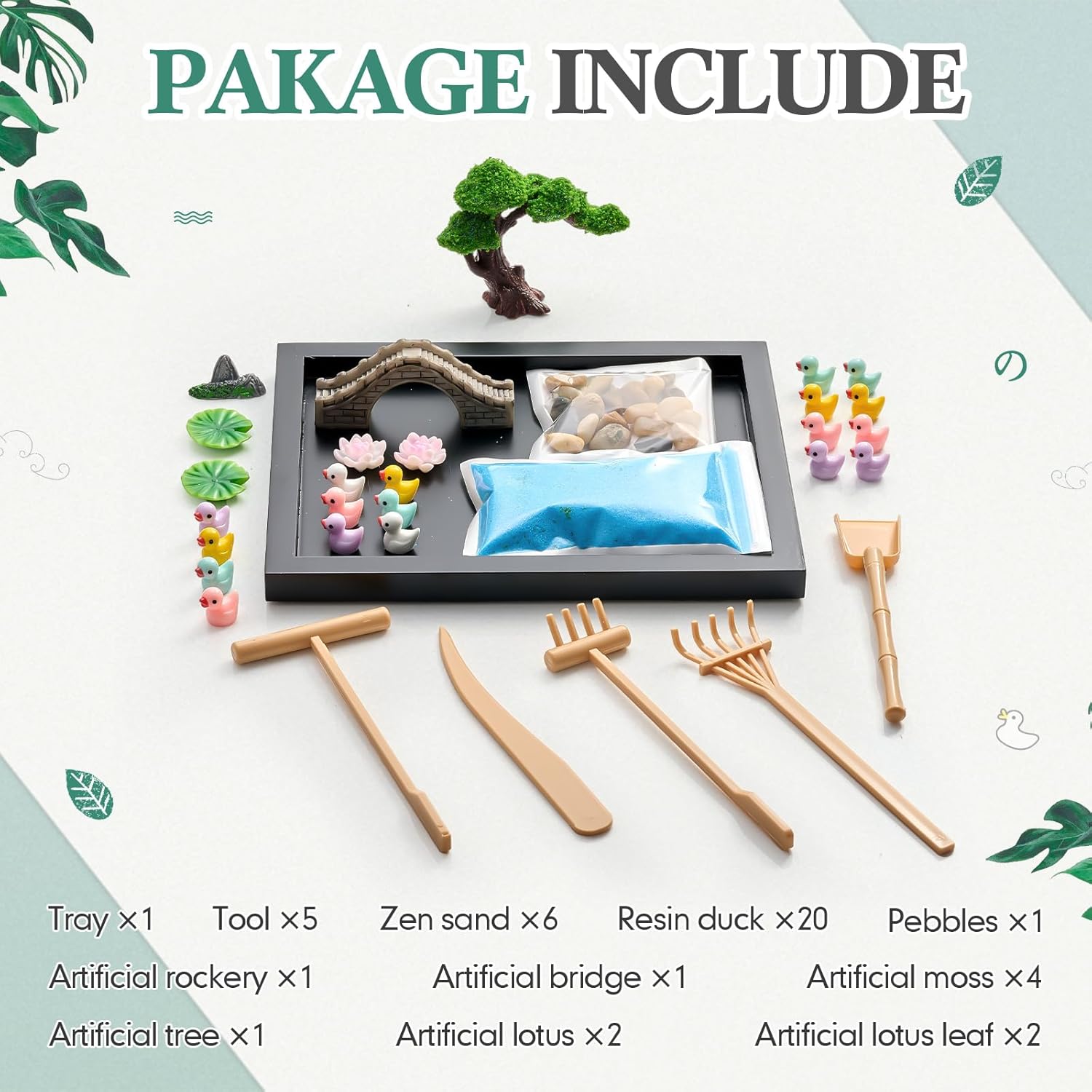 Soulchen Zen Garden Kit for Tbale Decor Christmas Sand Zen Garden Gifts Mini Sandbox Set with Black Wooden Tray, Sand, Tools & Accessories Japanese Gifts for Meditation Room Office Home(Duck)