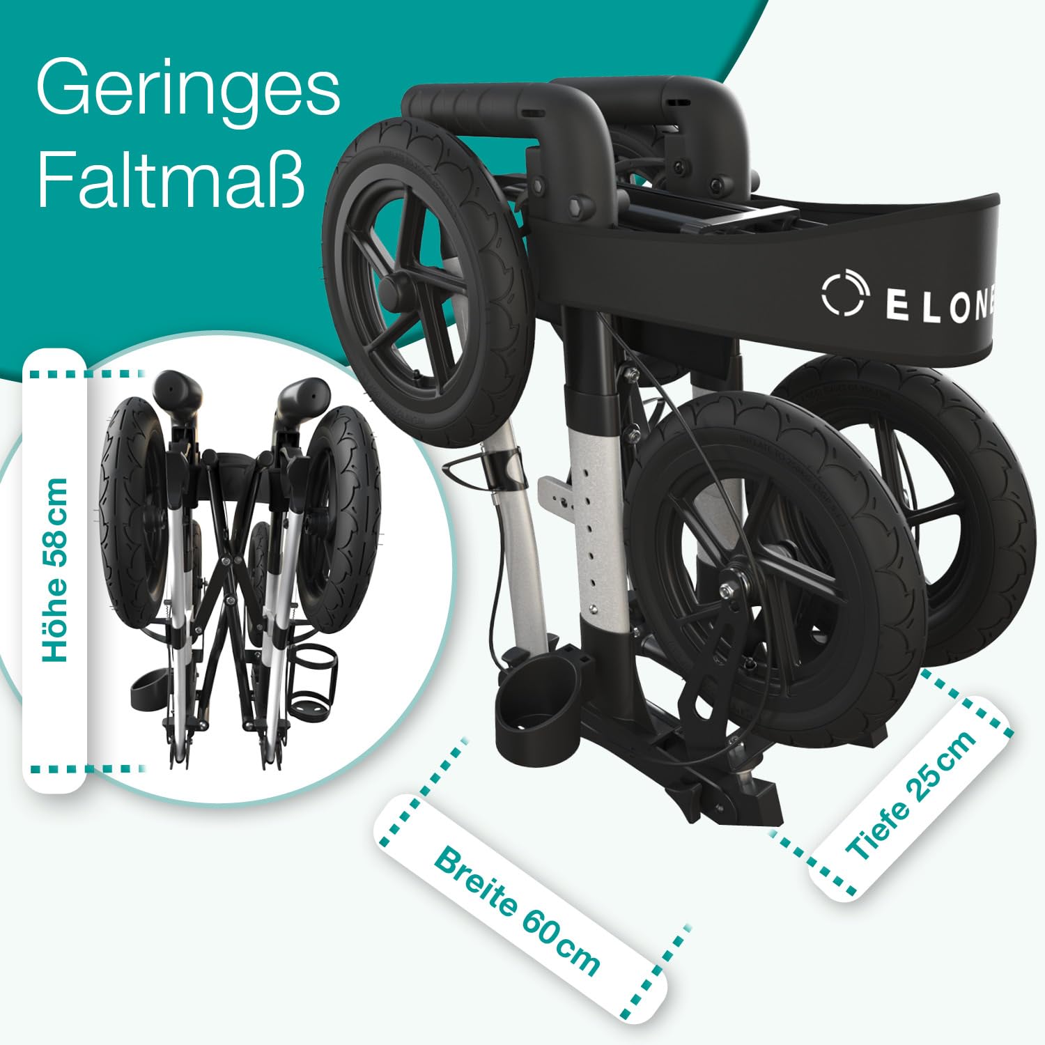 ELONEO Rollator faltbar und leicht mit Sitz, Outdoor Rollator mit Luftbereifung inkl. Sitzfläche, Rückengurt, höhenverstellbare Gehhilfe aus Aluminium inkl. Tasche und Stockhalter Silber