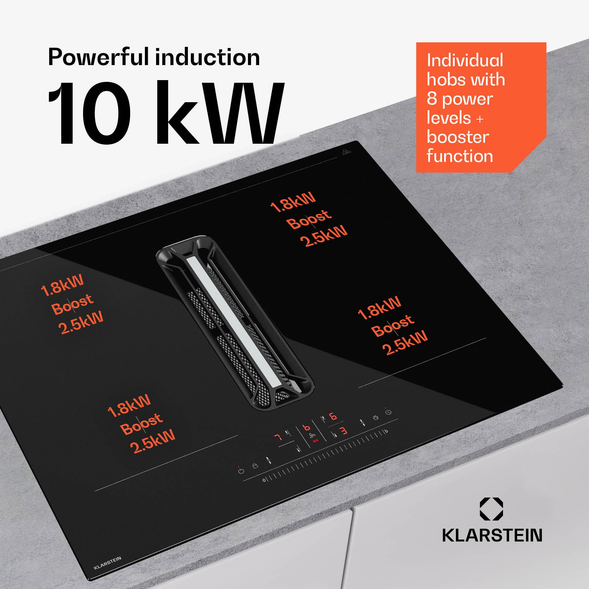 Klarstein AirJet Basic Płyta indukcyjna z okapem - Moc 10 kW, Boost 600 m³/h, Klasa energetyczna A+, Cicha 52 dB, Panel dotykowy, 9 stopni, Filtr aluminiowy, Czarna