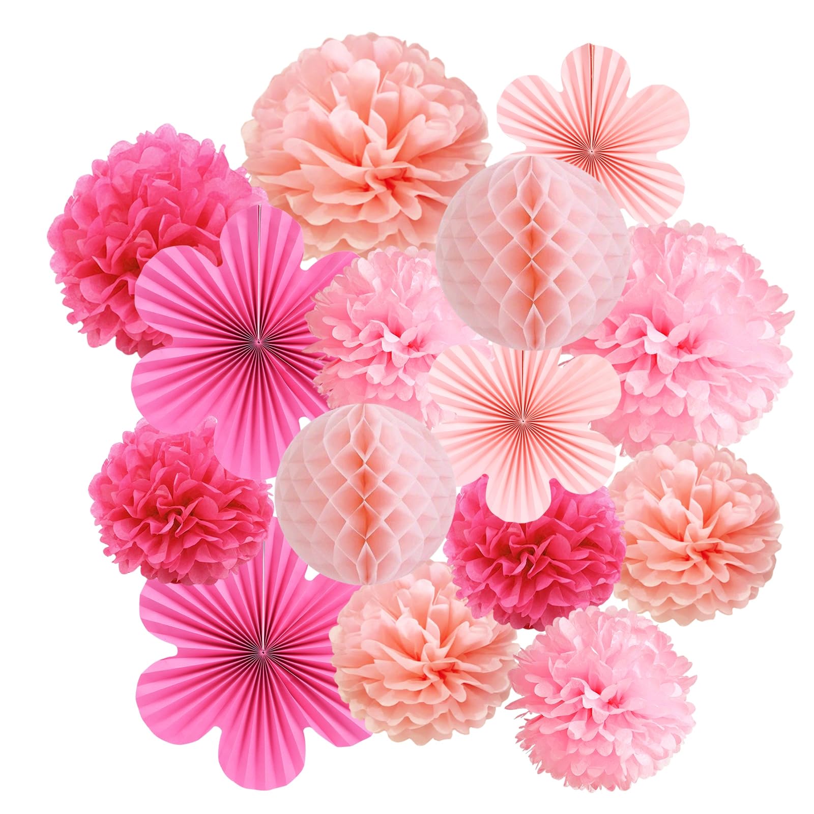 Businey Rose Red-15Pcs 15Pcs Rose Pink Paper Party Decorations, Hanging Paper Lanterns Flower Fans Tissue Pom Poms Decoration For Wall Birthday Wedding Bachelorette Room Hanging Décor