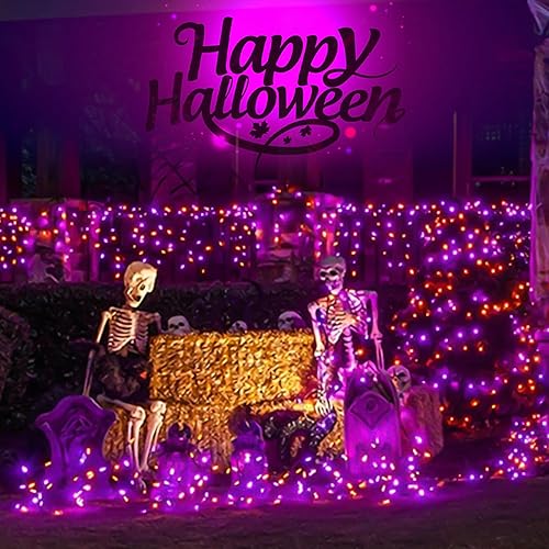 Miniatura 2 de Guirnalda de luces de Halloween naranja y morado para exteriores, 100 LED, funciona con pilas, con temporizador remoto impermeable, para decoración
