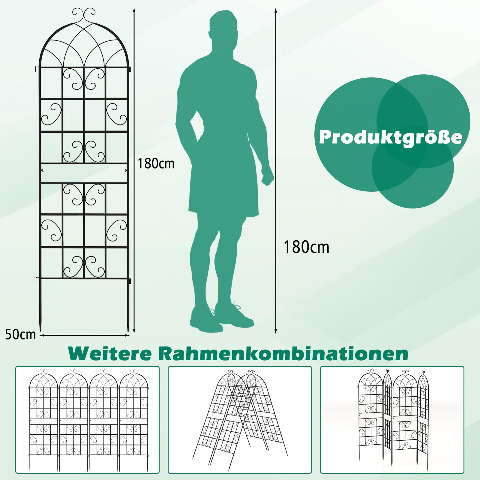 COSTWAY Metalowa kratka dla roślin pnących, zestaw 2 szt., dekoracyjne ogrodzenie ogrodowe, wolnostojąca pomoc dla roślin pnących, warzyw (czarna, 180 x 50 cm)