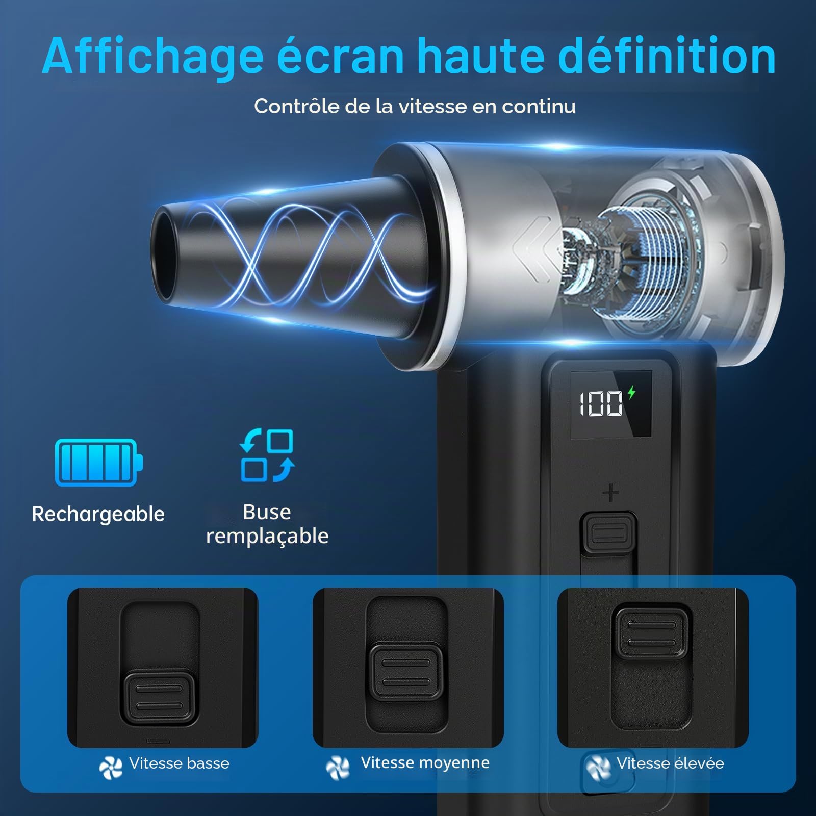 Souffleur Air Comprimé 2-en-1 Dépoussiérant Électrique & Aspirateur 180000 TR/Min, Batterie 8000mAh, 100 Vitesses, Écran Digital, Nettoyage PC, Clavier et Voiture, USB-C (Noir)
