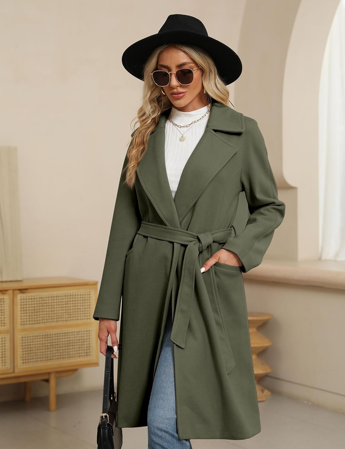 BZB Women's Trench Coat Long Wool Blend Pea Coat Winter Casual Overcoat Notched Lapel Collar Belted Long Jacket Outerwear - Image 4
