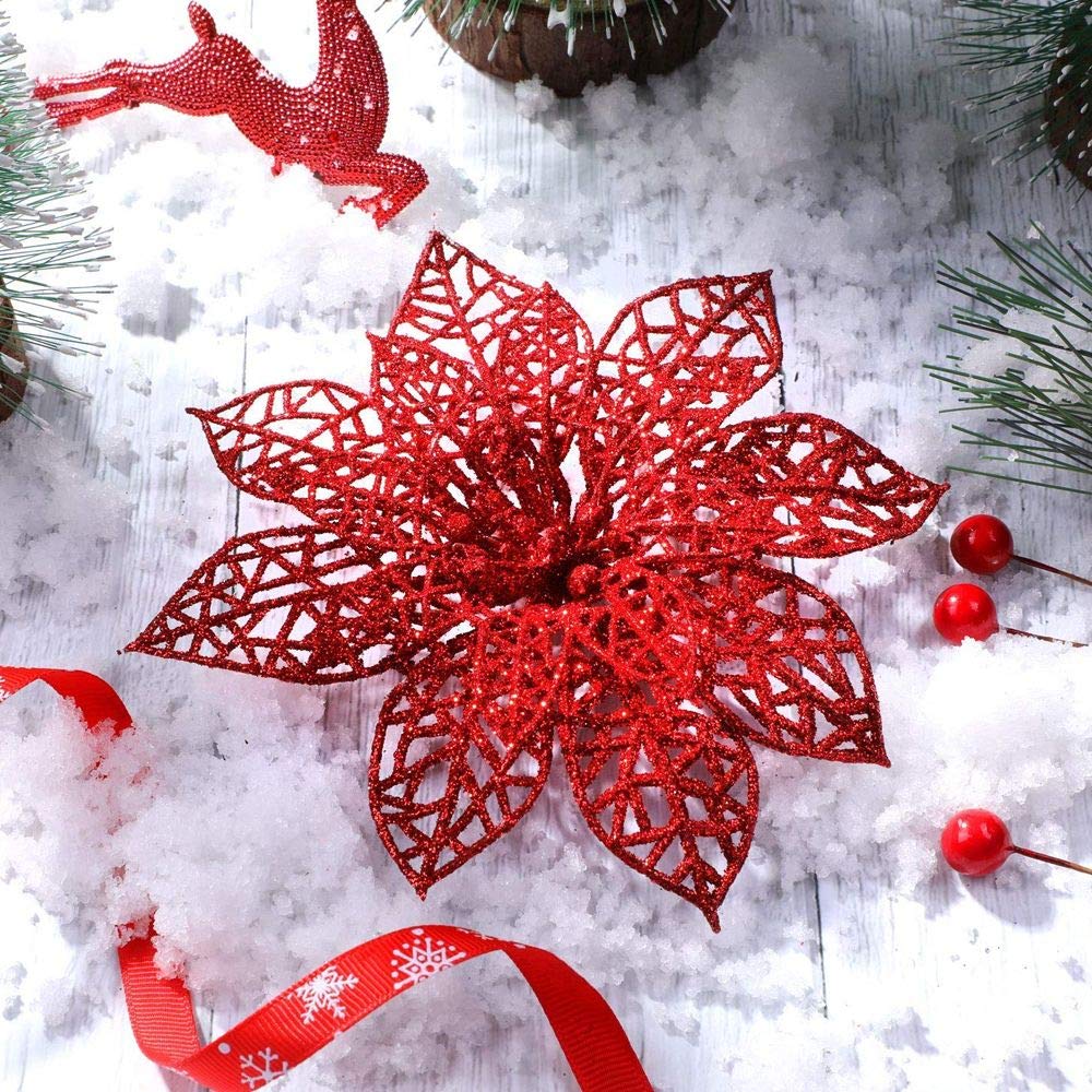 20 Stelle Di Natale Artificiali Con Brillantini, 8 Cm, Rosa, Per Albero, Ghirlande E Decorazioni Natalizie - 5