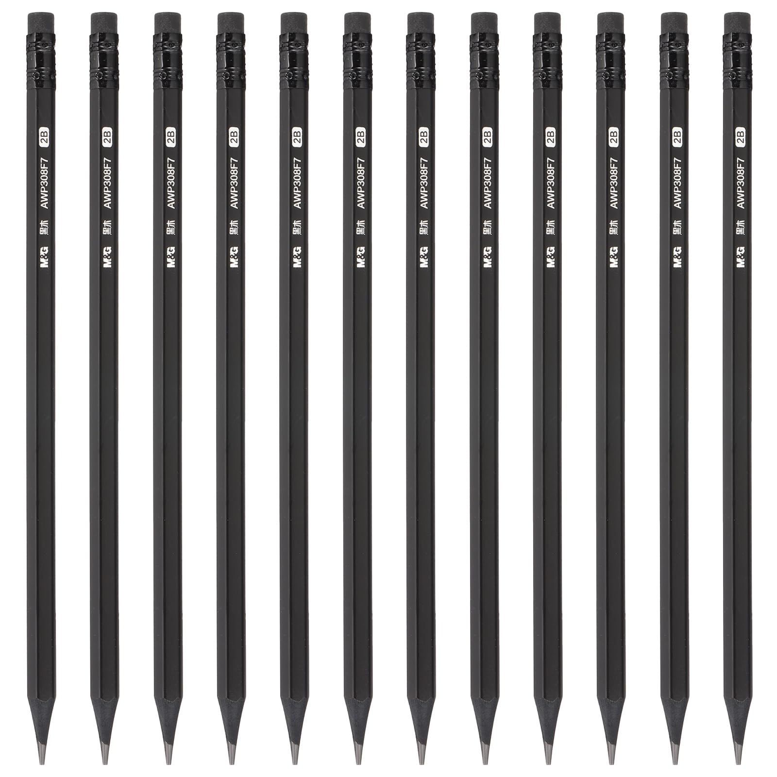 M&G Wooden Hexagon Pencils, 12 Pcs Graphite Round 2B Pencils with Eraser Head for Classroom Teacher Office Supplies, Black