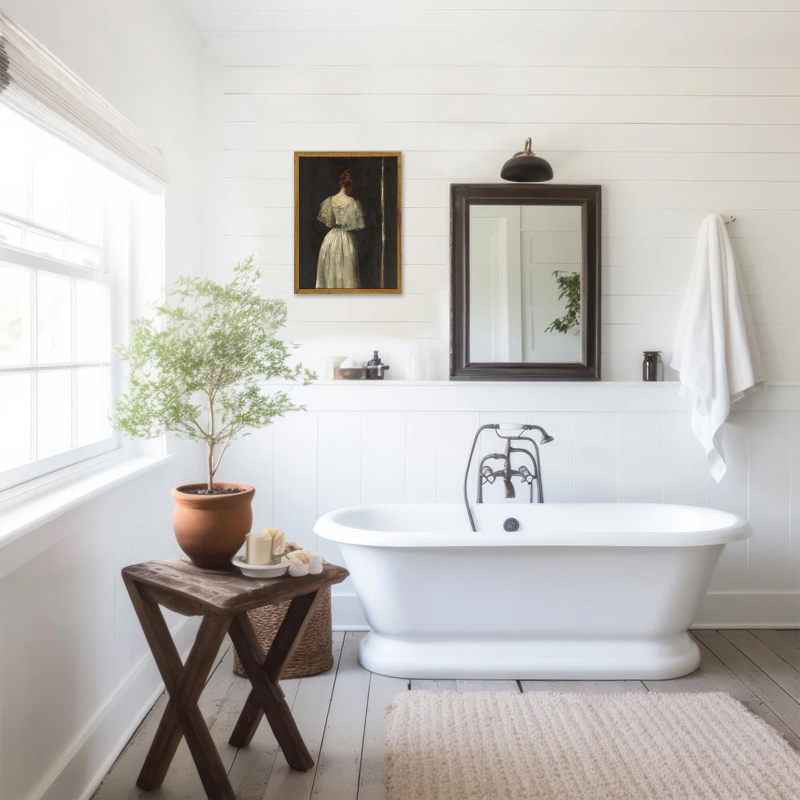 KBKBART Vintage Wall Art Home Decor, Framed Canvas Wall Art Seventeenth Century Lady by William Merritt Chase Classical Women Painting Picture, Vintage European Portrait Painting for Bedroom Bathroom