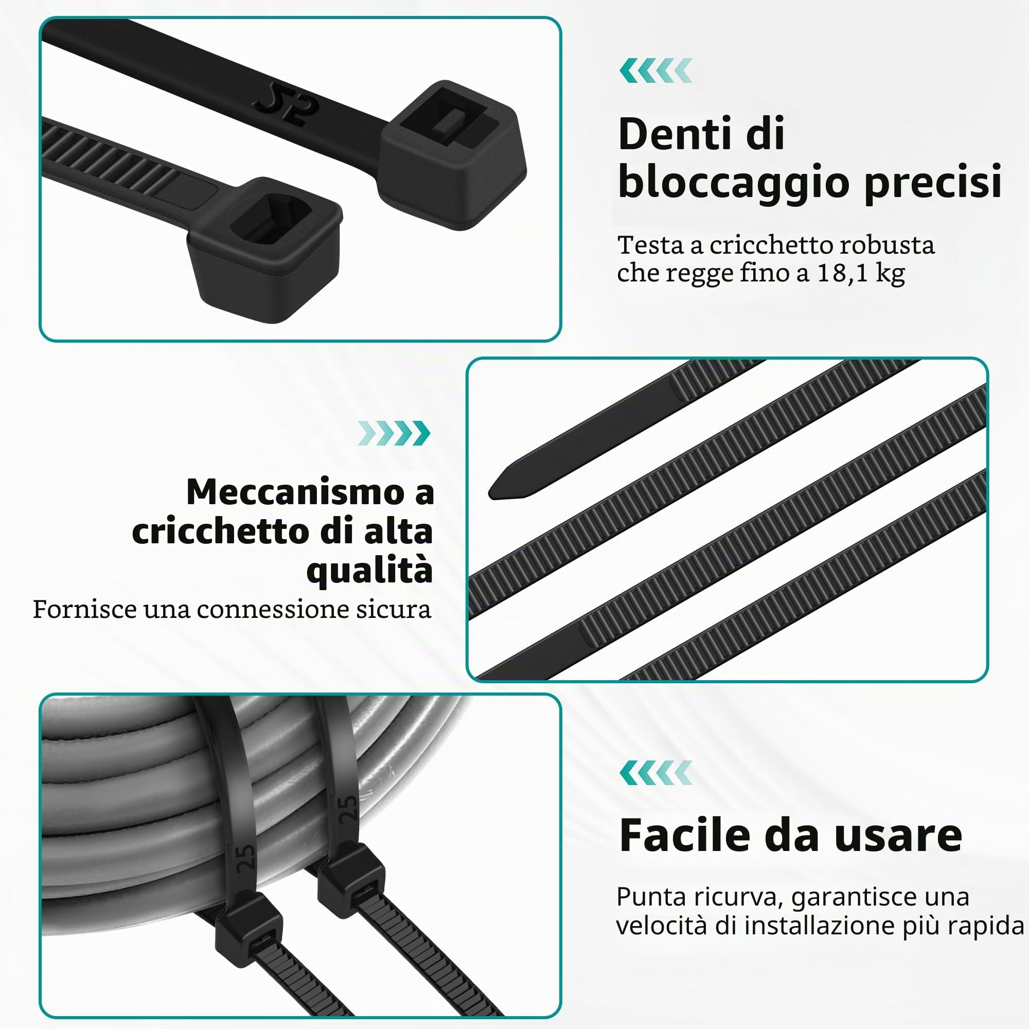 1200 Pezzi Fascette Plastica, 100/150/200/250mm Fascette Elettricista, Fascette Nere Resistente Allatemperature, Resistenza alla rottura 18 kg per Gestione dei Cavi Elettrici, Fili, Giardinaggio