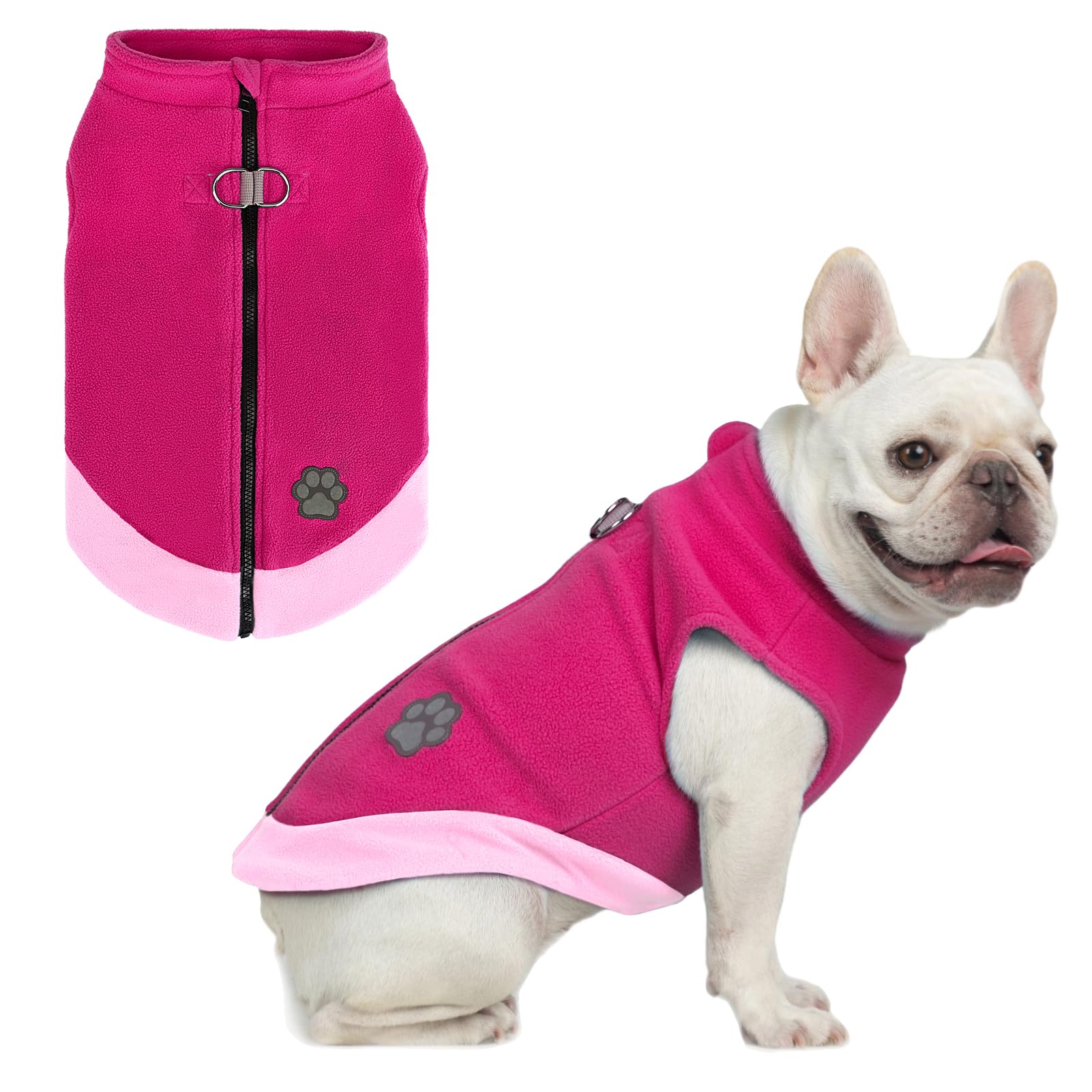 Mihachi Dog Fleece Vest Sweater Zip Up Warm Pullover Step-in Dog Jacket with Dual D-Ring Leash,Winter Cold Weather Reflective Coat Clothes Hoodie for Small Medium Dogs Puppy Cat Boy Girl,Rose Pink L