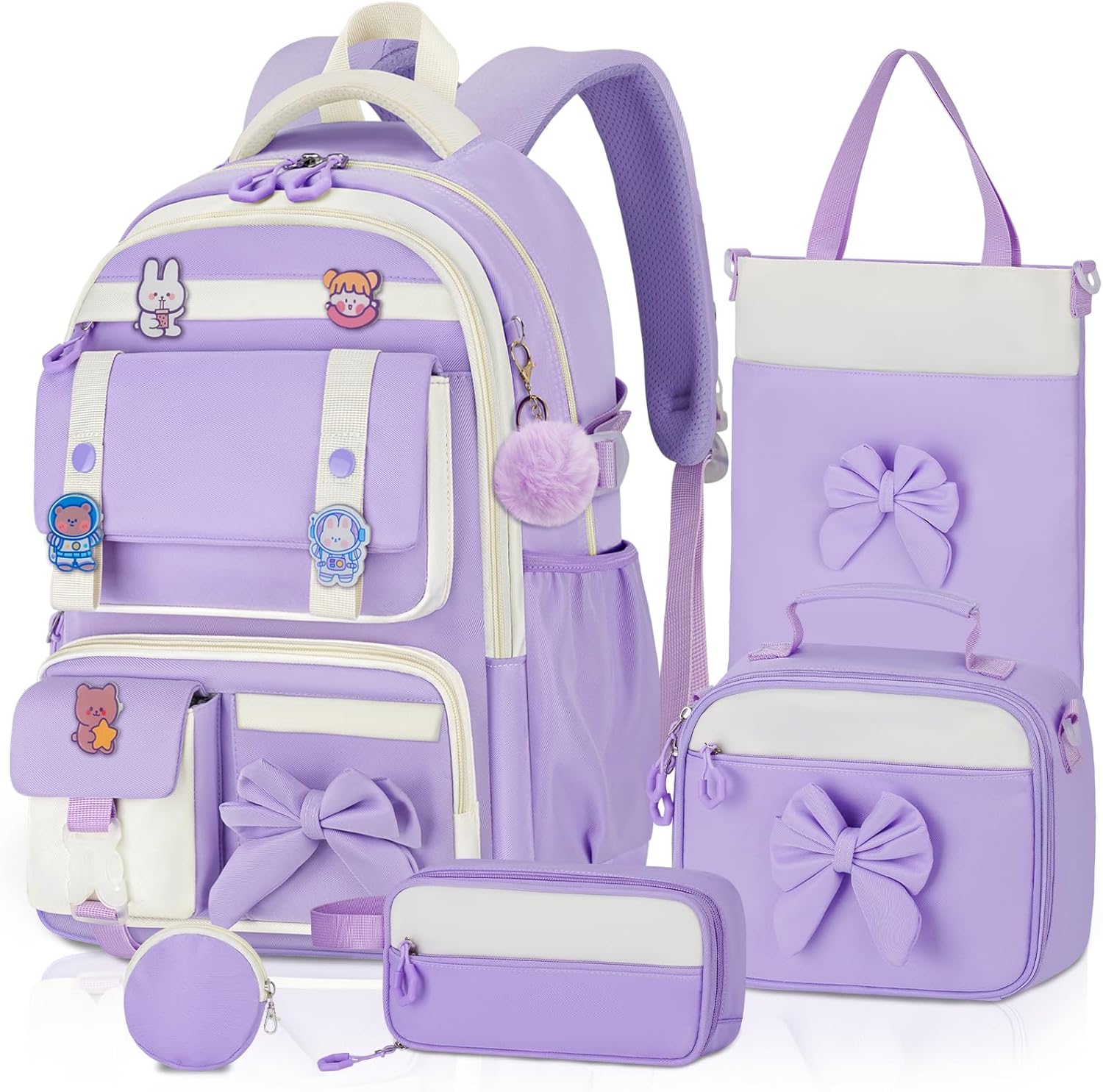 5pc Cute Girls Backpack with Lunch Box Set, Kawaii Aesthetic Bookbag, Kids Backpack for Teen & Elementary