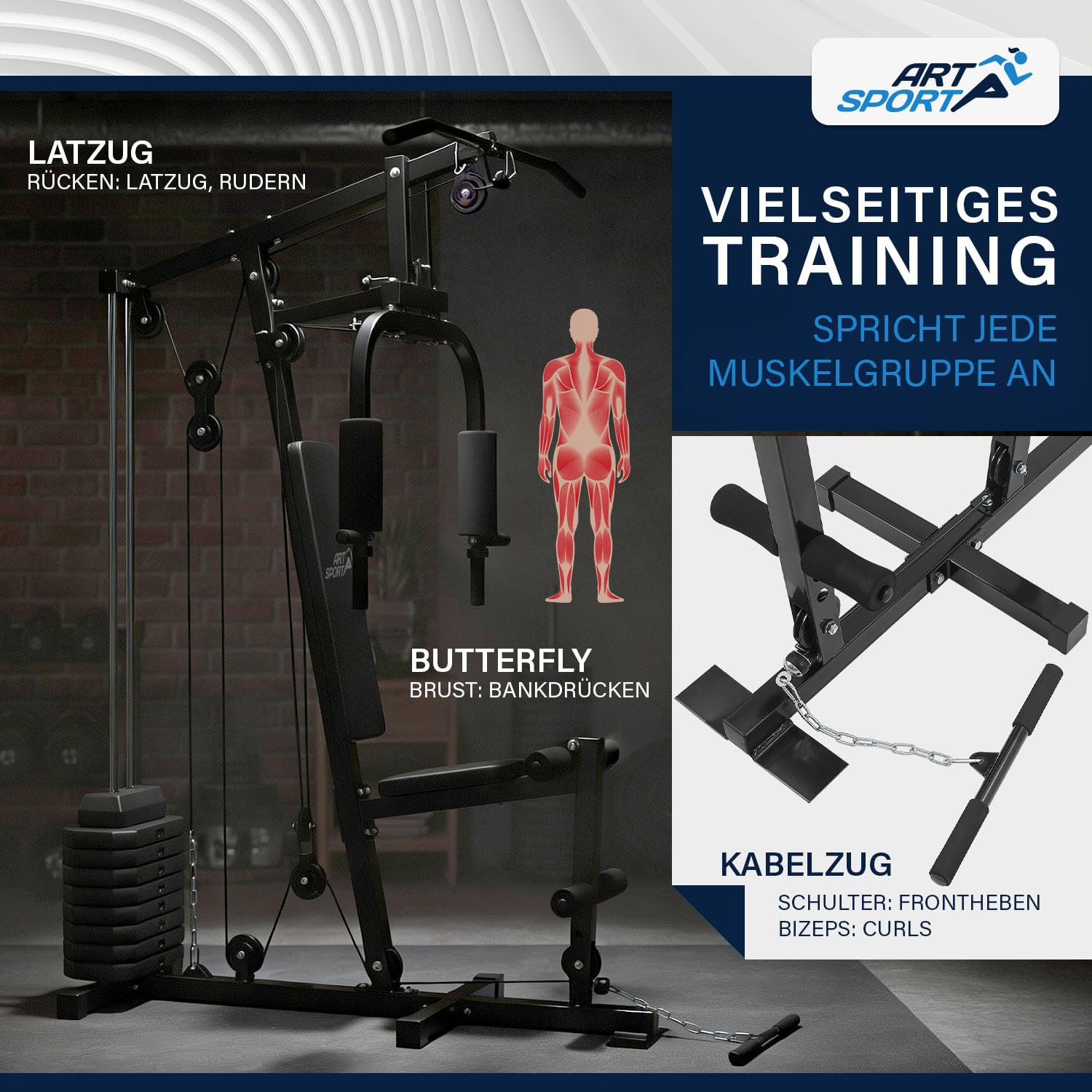 ArtSport Kraftstation ProfiGym 2000 mit Latzug- & Butterflystange, Seilzug & Beinstrecker - 9 Gewichte mit 40kg - Multistation Krafttraining Zuhause