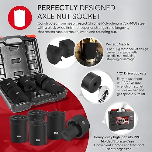 Miniatura 3 de Paquete de 5 herramientas de enchufe de tuerca de husillo, instalador de extractor de tuercas de bloqueo de eje de 12 pulgada para Ford Dana 50 60,