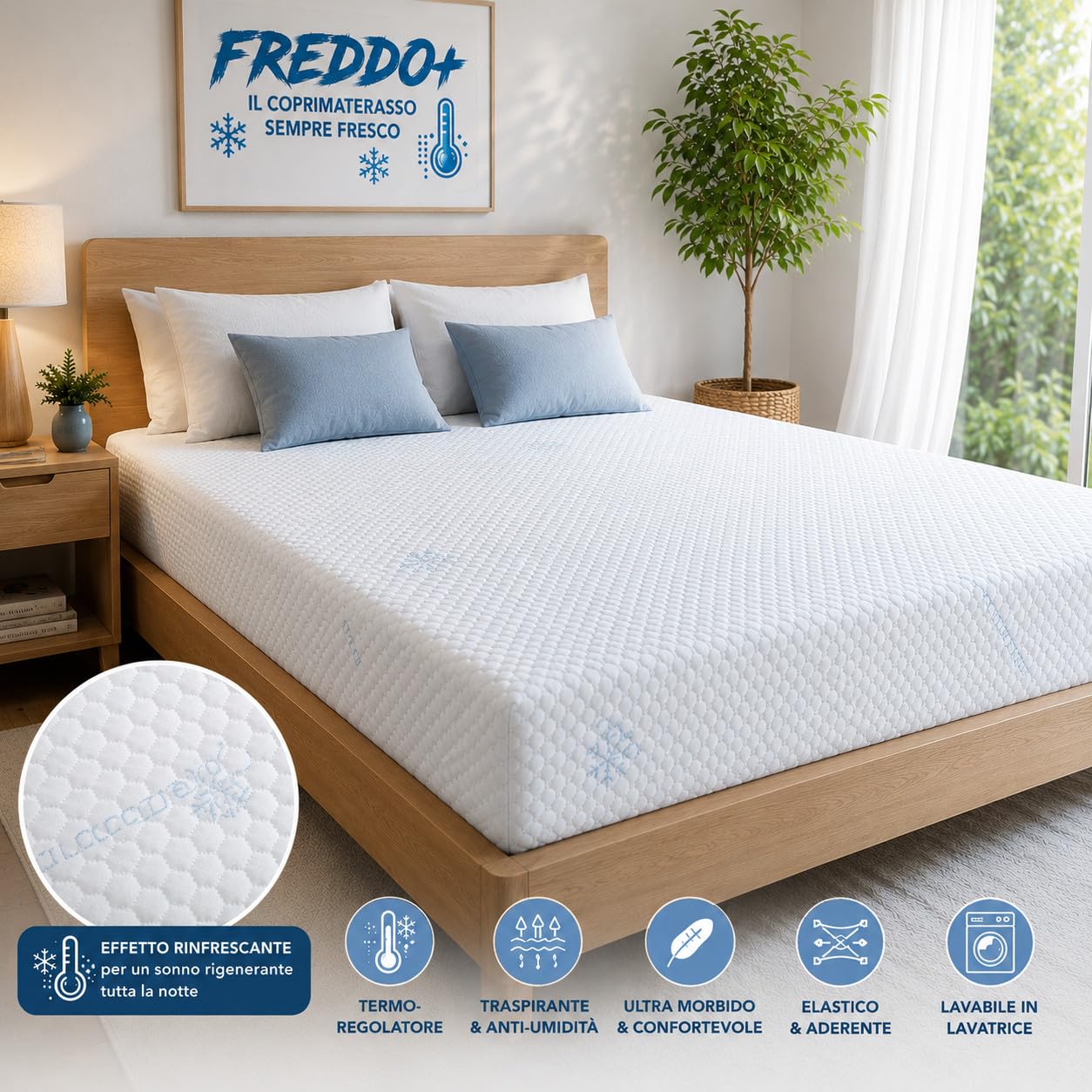Coprimaterasso Rinfrescante Freddo+ Ice-Touch, Estivo, Termoregolatore, Traspirante, Anti-Umidità, Morbido, Elasticizzato - Singolo 80x200 cm H25