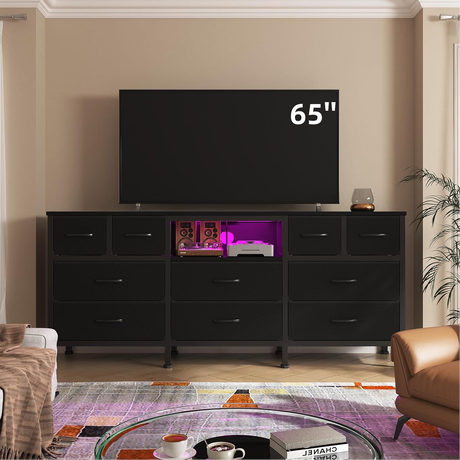 Black Dresser for Bedroom with LED Lights and Power Outlets, 55" TV Stand with 10 Drawers & Open Shelves, Fabric Chest of Drawers with PU Finish, Metal Frame, Wood Top