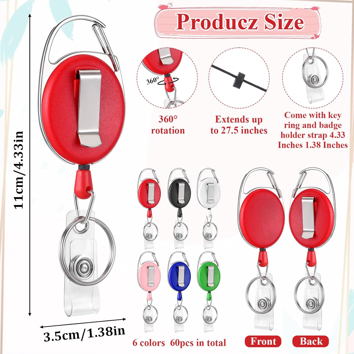 SHENLIU 60 Pack Retractable ID Badge Holder Badge Reel with Carabiner and Belt Clip Key Chain 6 Color Name ID Clips Keychain for Office Worker Doctor Nurse Employee - Image 2