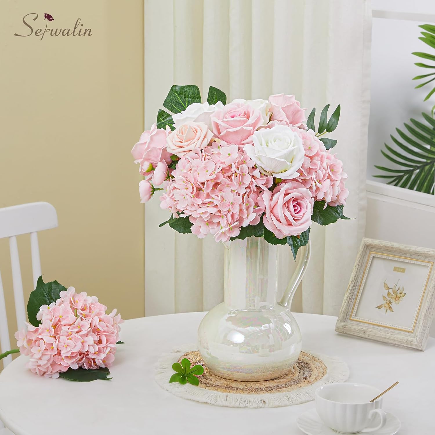 Serwalin 𝟱𝙋𝘾𝙎 3D Real Touch Hydrangea Artificial Flowers, 20in Lifelike Pink Latex Fake Hydrangea Flowers for Wedding Office Family Party Living Room Table Decoration (Pink) - Image 7