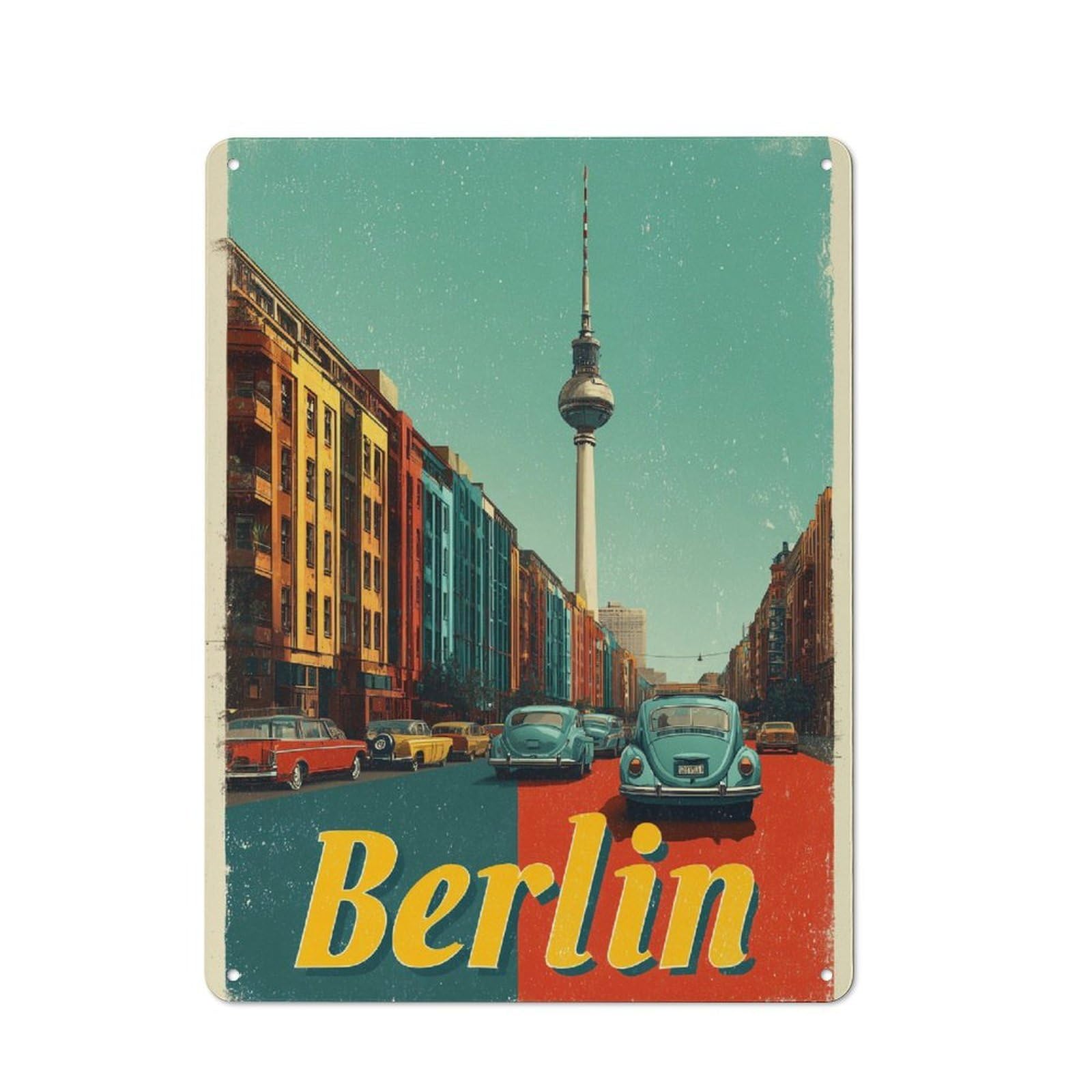 Metal Plaque with Vintage Berlin Streetscape Design 40x30cm, Cosy Diner Style Decor for Coffee Bar, Kitchen, Bistro Or Tea Corner