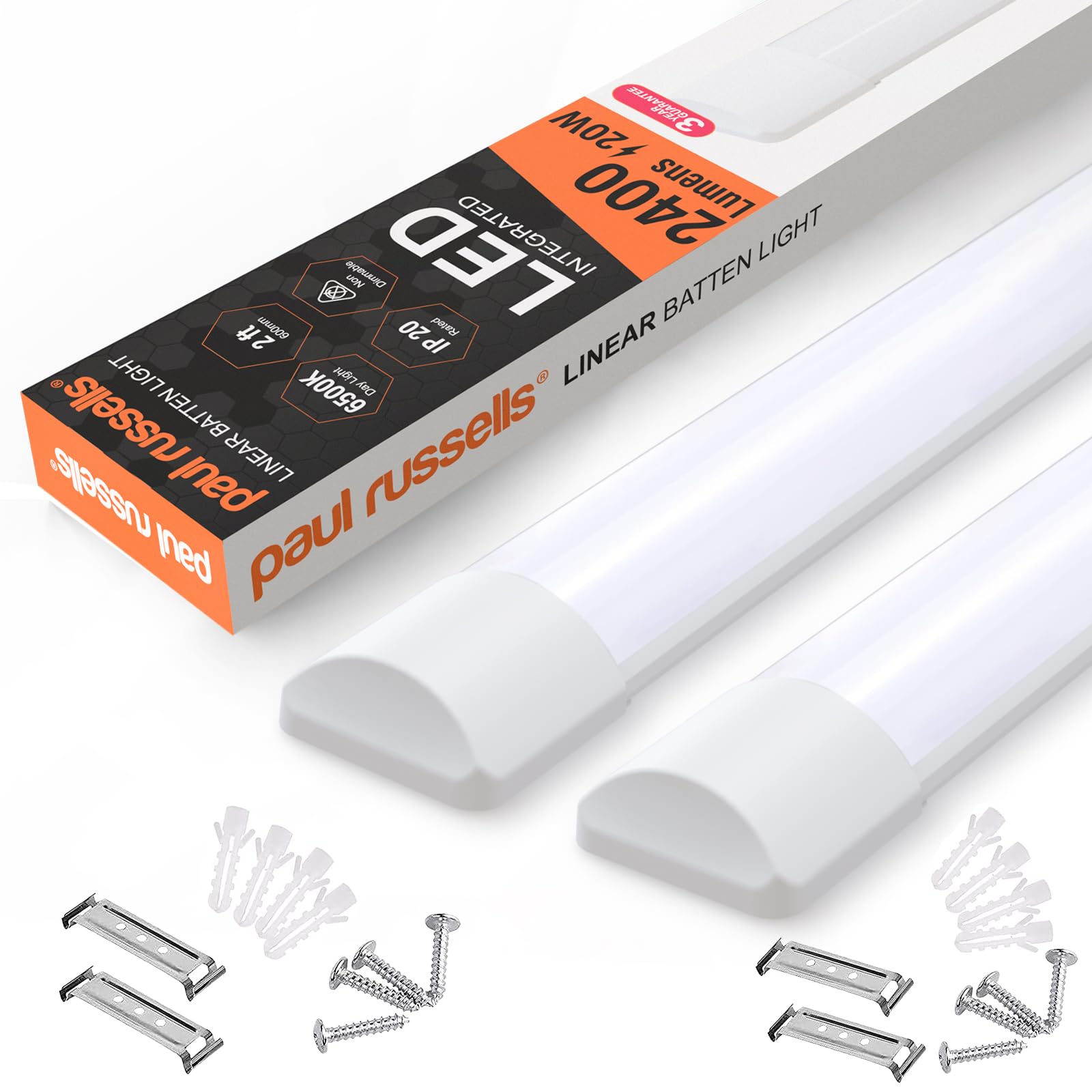 Paul Russells Daylight - 6500K Paul Russell's 2Ft Led Batten Light, Ceiling Fitting Tube Light, 6500K Daylight, 20W, 2400 Lumens, Office, Bathroom, Kitchen, Garage, Warehouse Fluorescent Lighting Replacement, 2 Packs