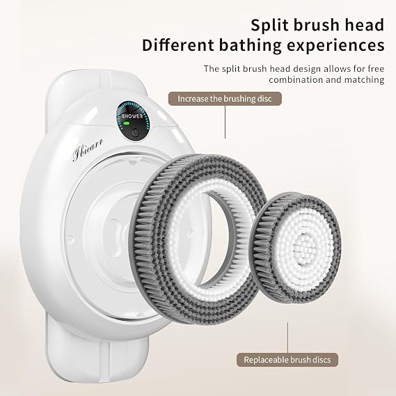Electric Back Scrubber for Shower - Wall Mounted Exfoliating Brush, Hands-Free Automatic Body Scrubber, IPX7 Waterproof, 3-Speed Adjustment, 3 Replaceable Heads with Dry Brush (White)
