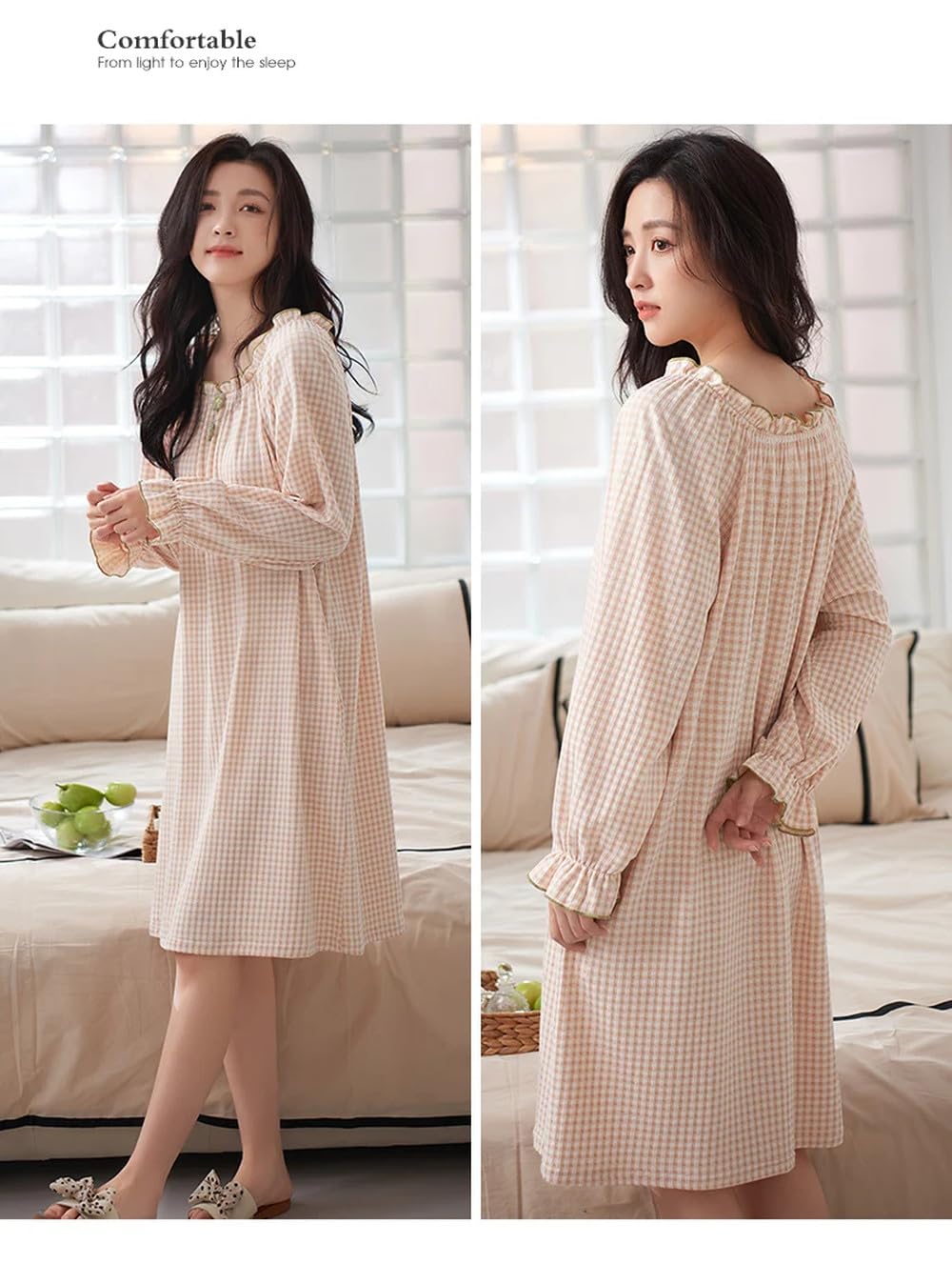 Camisón para Mujer - Pijamas A Cuadros para Mujer, Ropa para El Hogar, Camisón Informal para Mujer, Ropa De Dormir De Algodón para Primavera Y Otoño