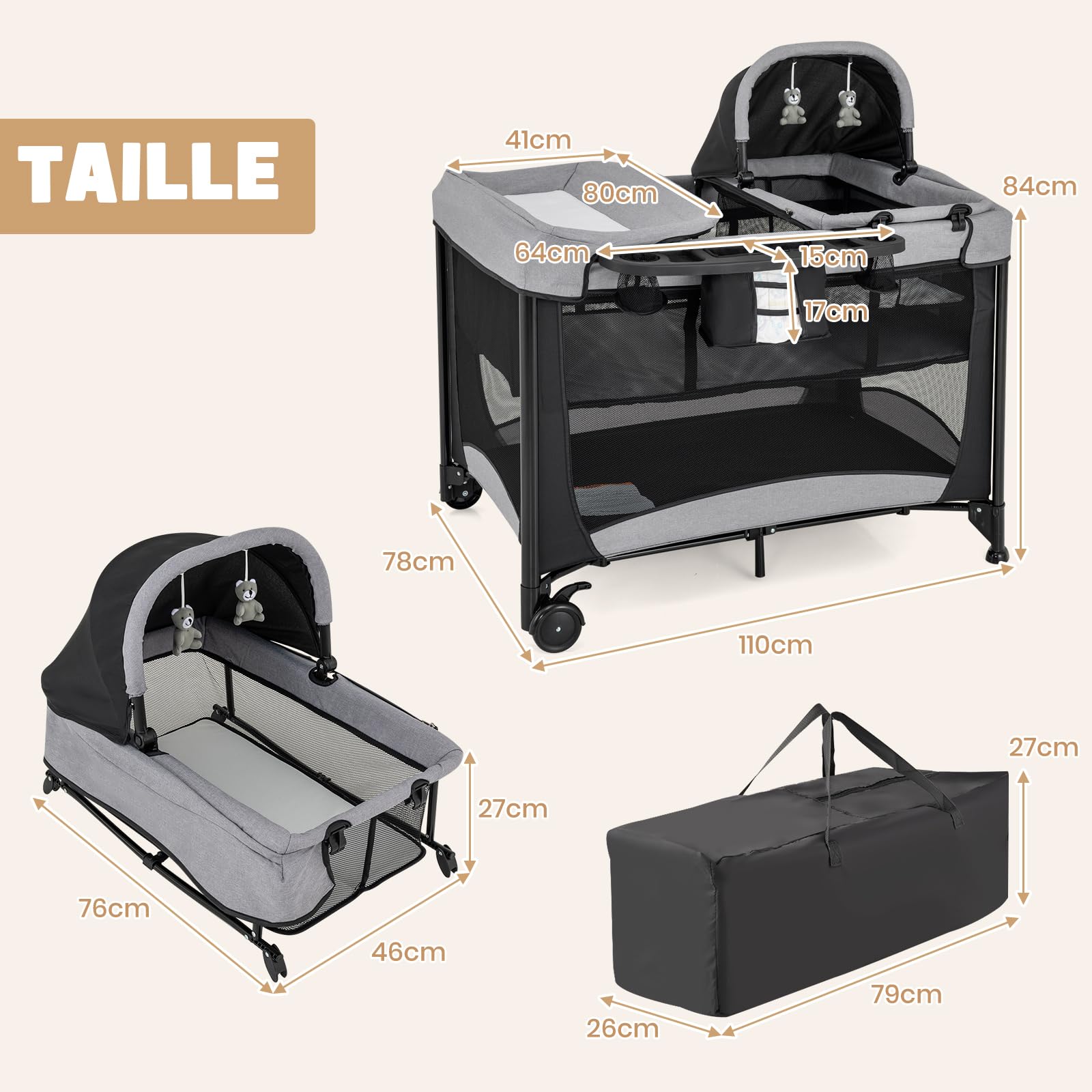 COSTWAY 5 en 1 Lit Parapluie Bébé avec Matelas & Table à Langer, Lit Bébé Evolutif avec Berceau Amovible & 2 Jouets, 2 Roues avec Frein, Sac de Transport, 110x78cm, Charge 10kg pour 0-3 Ans