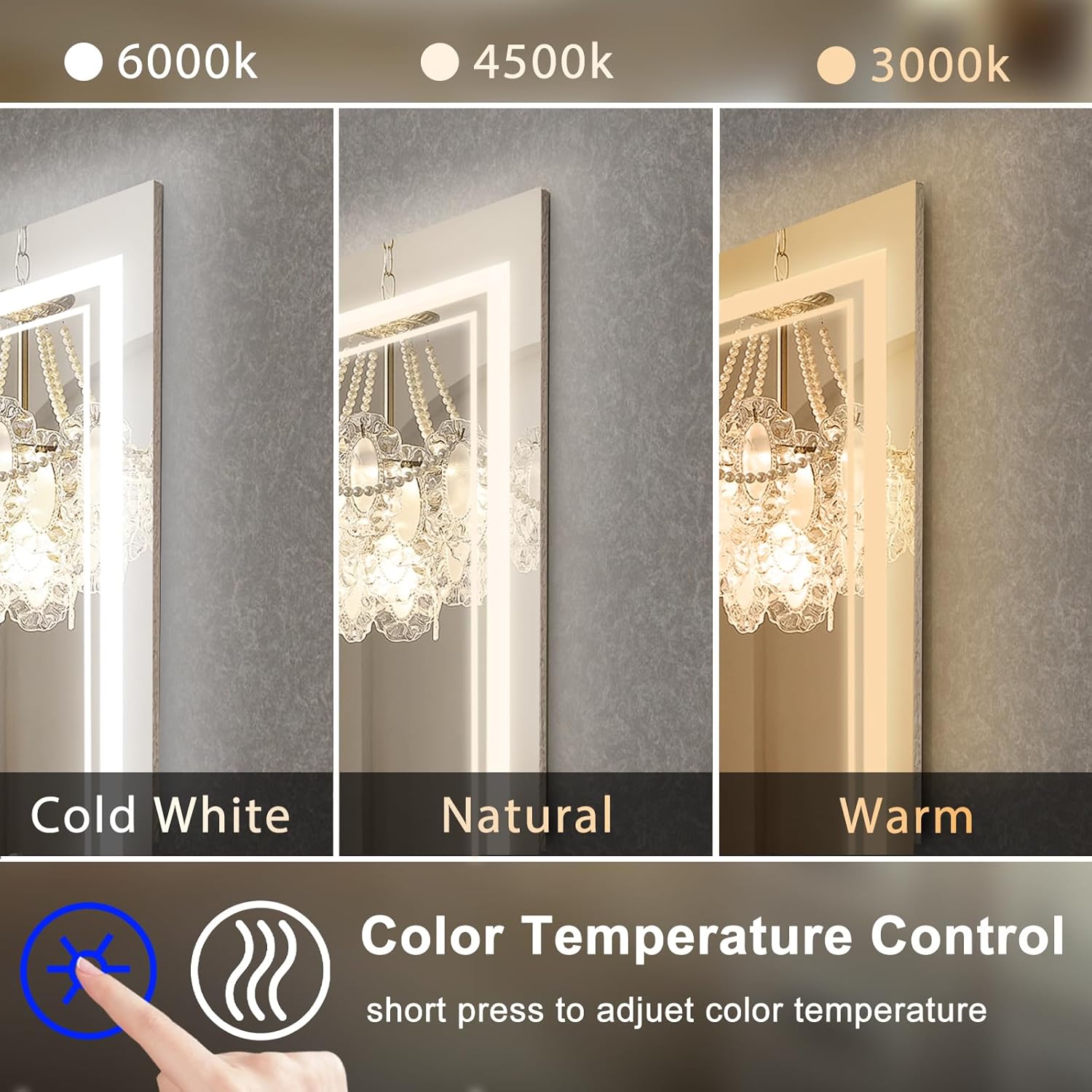 SaniteModar Bathroom Mirror with Lights 36x30 in, Led Mirror for Bathroom, Led Bathroom Mirror, 3 Color Dimmable, Anti Fog, Touch Button, CRI90+, Horizontal/Vertical