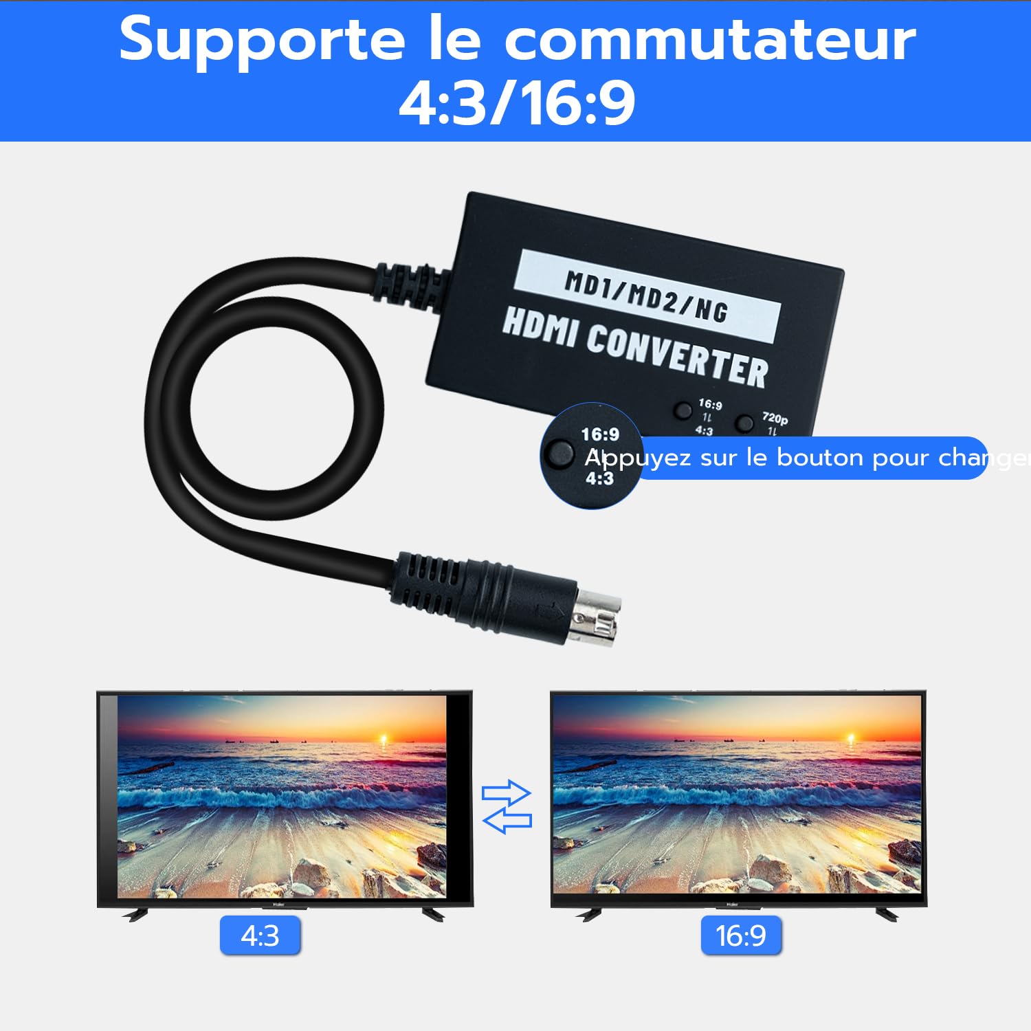 Mcbazel Adaptateur HDMI sans Couture pour Mega Drive/NEOGEO pour HDTV, Convertisseur vidéo Multifonction 4:3/16:9, 720P/1080P pour Mega Drive 1/Mega Drive 2/NEOGEO