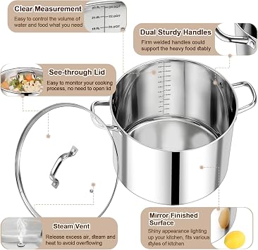 P&P CHEF 24 QT Stainless Steel Stock Pot with Lid, Cooking Pot for Soups