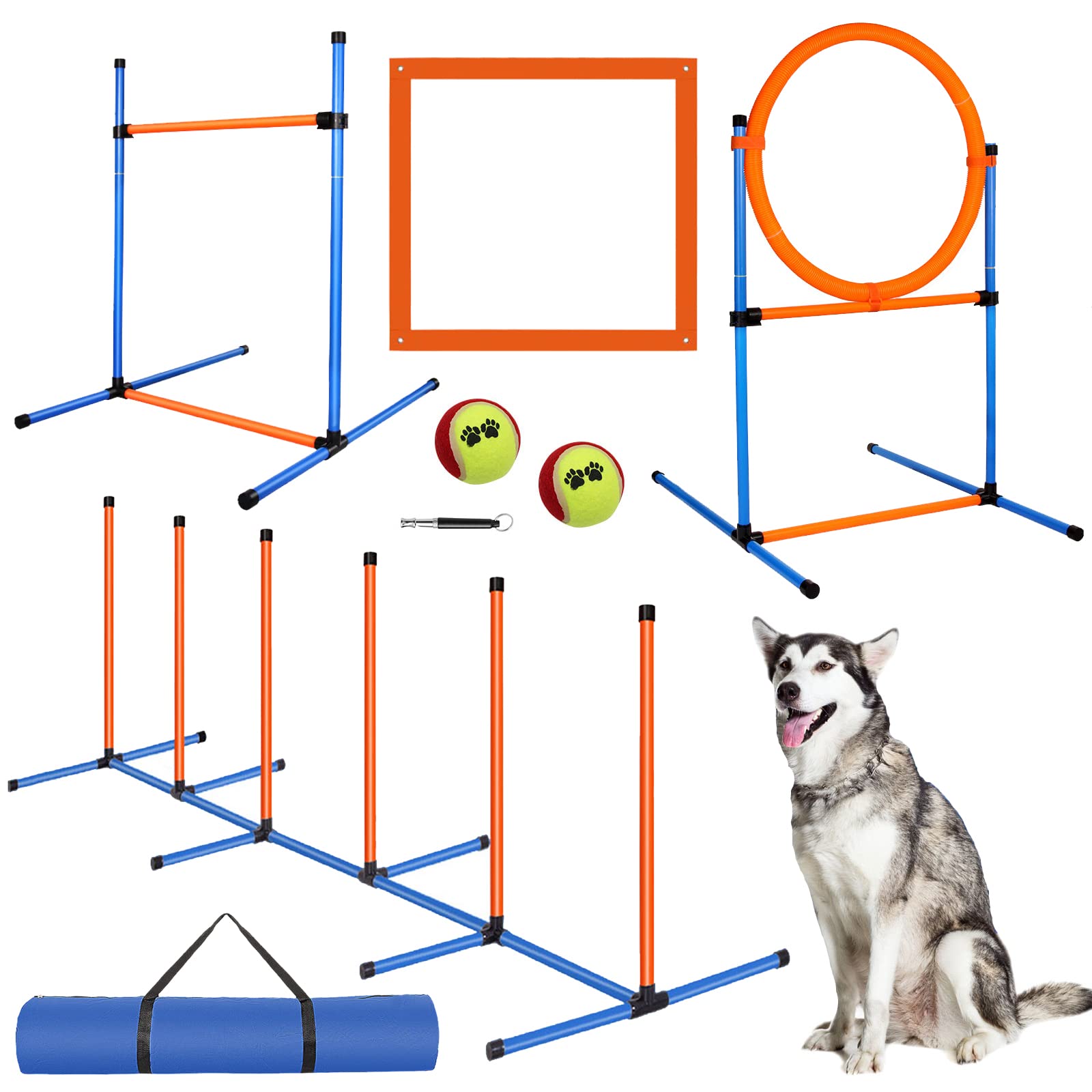 Photo 1 of *ONLY HAS POLES AND POLE CONNECTORS**JMMPOO Dog Agility Training Equipment, Dog Obstacle Course Training Starter Kit - Pet Outdoor Games with Tunnel, Weave Poles, Adjustable Hurdle, Jump Ring, Pause Box, Toys and Carrying Bag 4 PCS SET