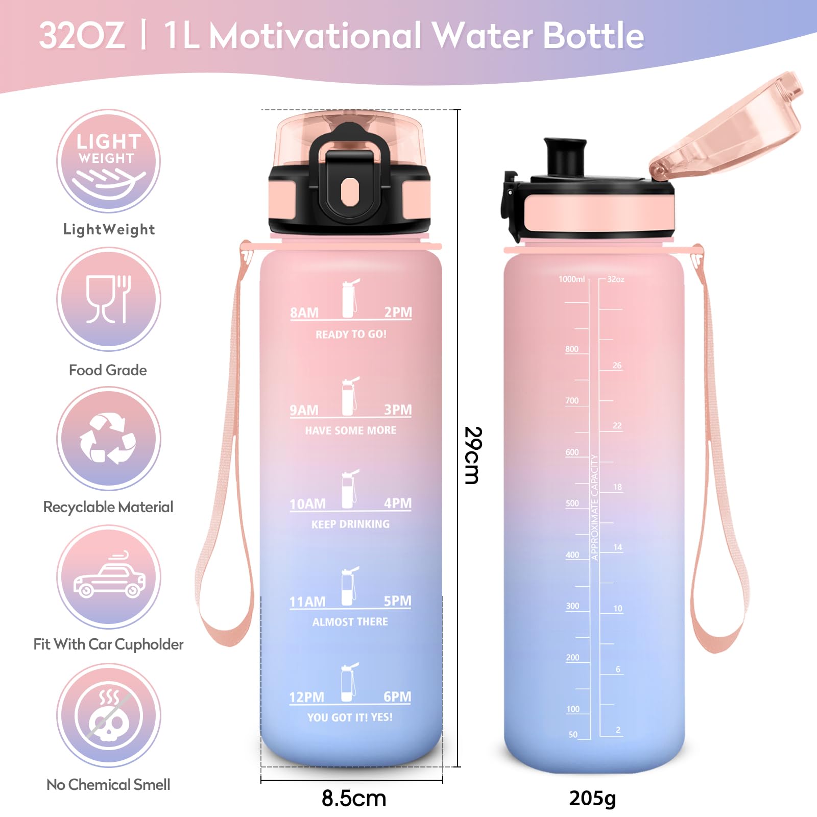 Borraccia 1L, Riutilizzabile, Bottiglia con Filtro, Borraccia con Indicatore del Tempo Motivazionale senza BPA, A Prova di Perdite, ideale per Adulti, Bambini, Scuola, Ufficio