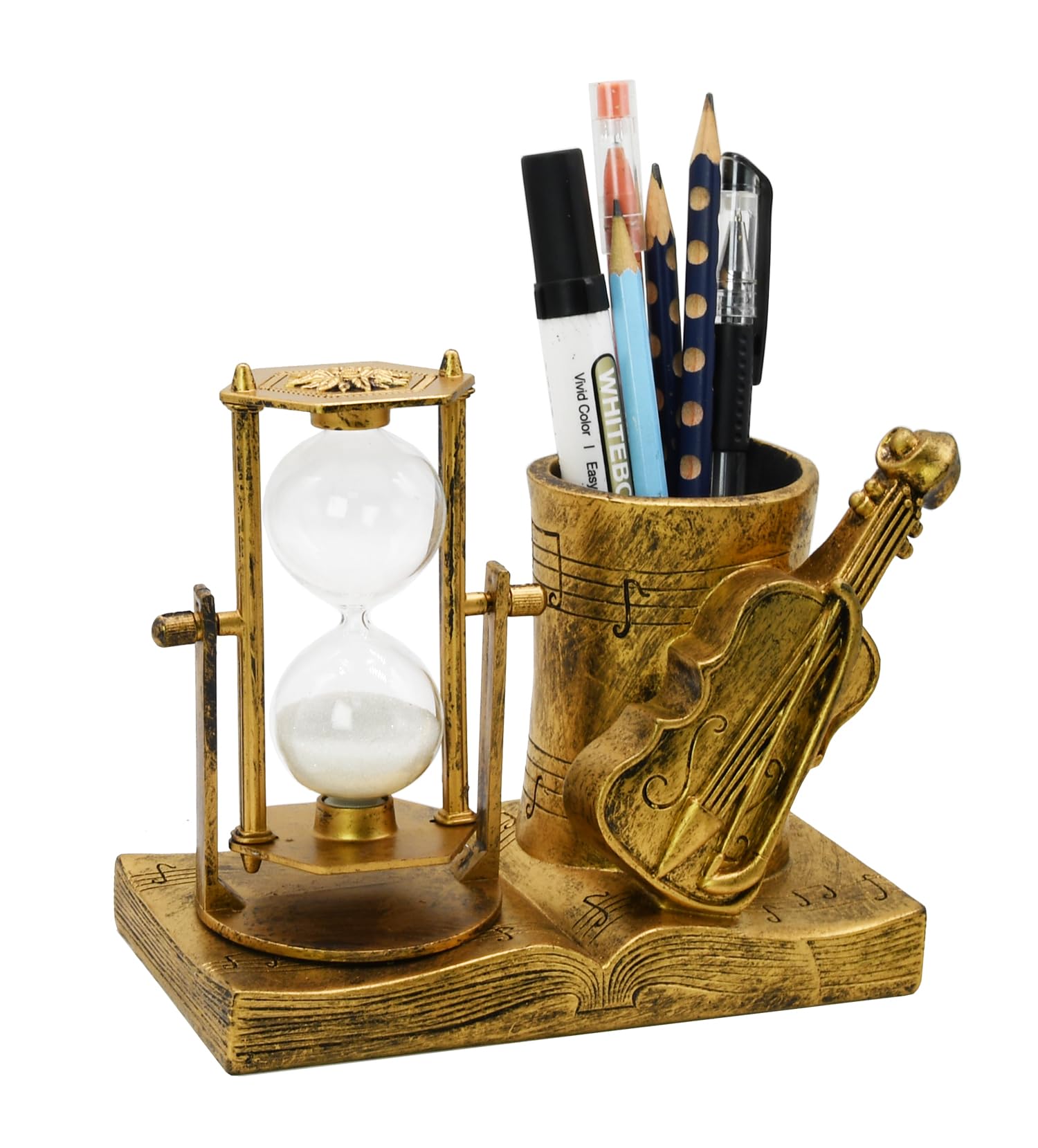 Violin-Themed Pencil Holder with Hourglass, Resin Desktop Organizer for Office & Study, Pen Holder with Sand Timer, Classic Music Addition Scissors Storage, Artistic Gift for Violin Lovers
