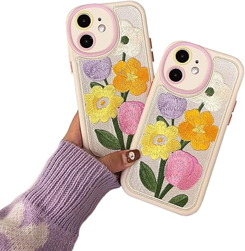 Funda compatible con iPhone 11 (no Pro), bonito bordado de flores silvestres de tulipanes y flores florales para mujeres y niñas, funda suave de