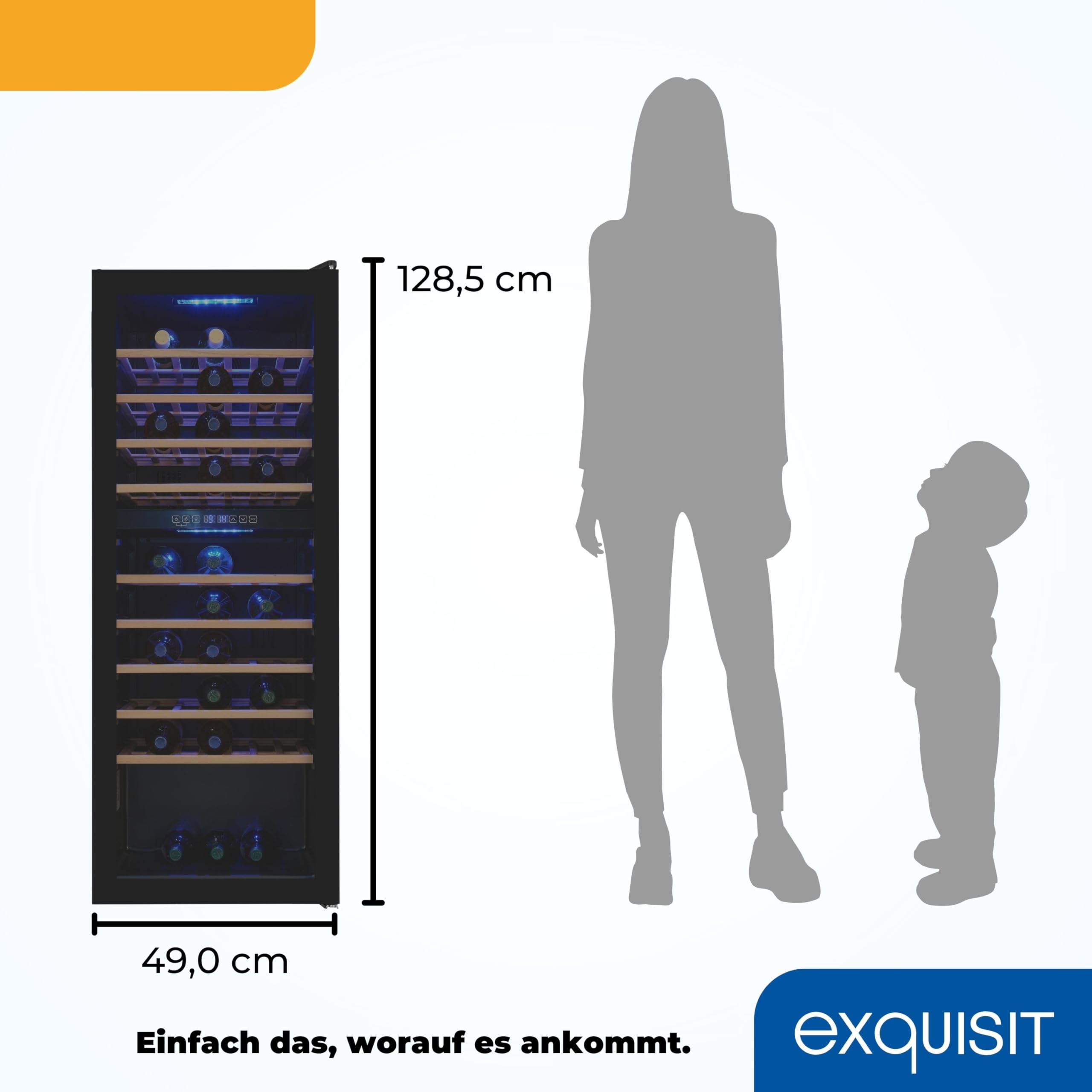 Exquisit Weinkühlschrank 2 Zonen 78 Flaschen 194 Liter Umluftventilator 9 Holzablagen Digitale Temperaturanzeige WS2-78-GTE-160G schwarz