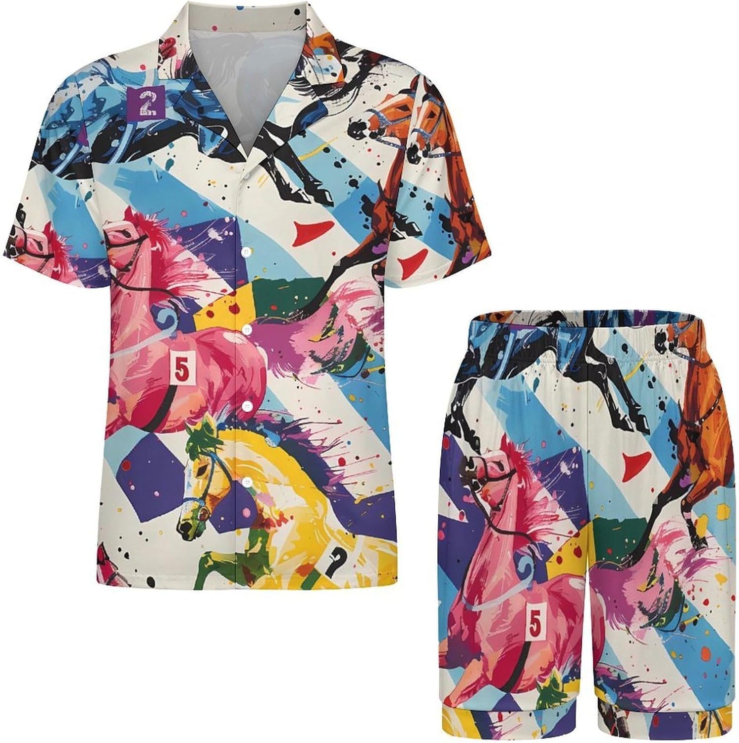 Horse Races Men's Short Sleeve Pajama Set Satin Silk Like Lounge Sleepwear