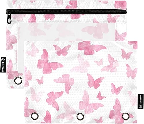 Estuche para lápices de mariposa con 3 anillos, bolsa con cremallera y ventana de PVC transparente para la familia, oficina, paquete de 2