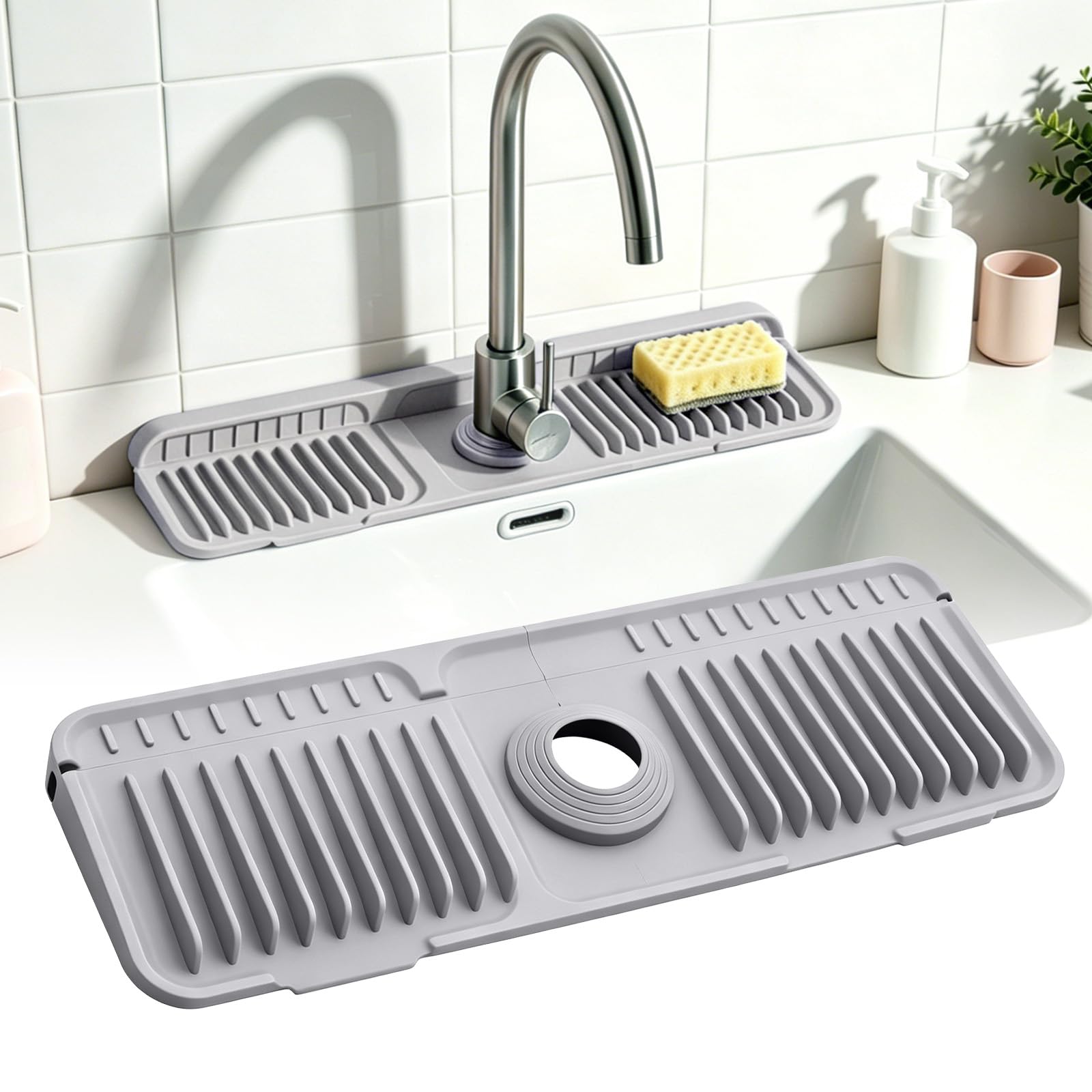 Silicone Dish Drying Mat, Faucet, 90° Foldable & Slim Cut to Size with Quick Drain Design, Non-Slip Sink Splash Guard for Kitchen & Bathroom (Morandi Light Grey)