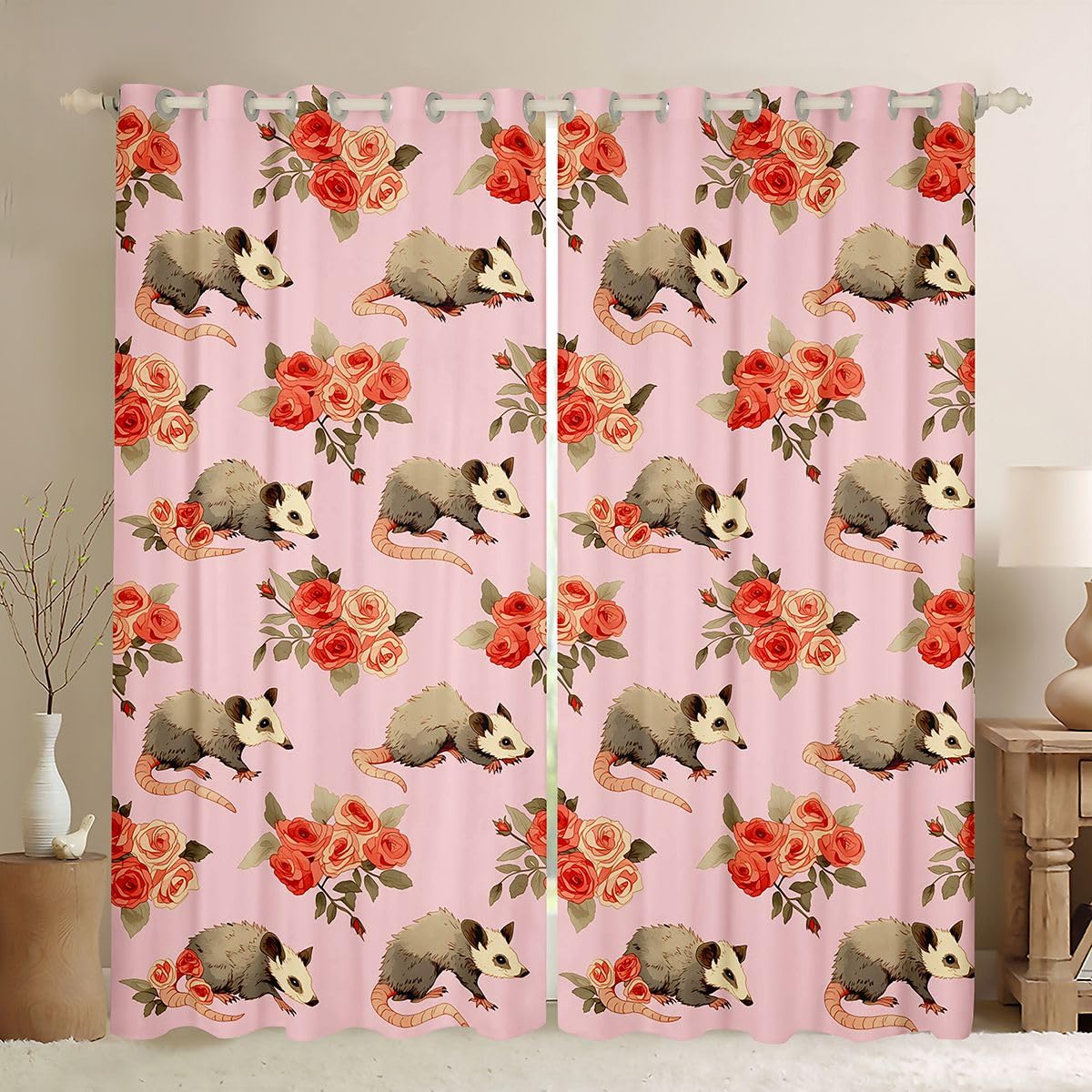 Rideau occultant opossum cartoon 140x175cm rose pour chambre