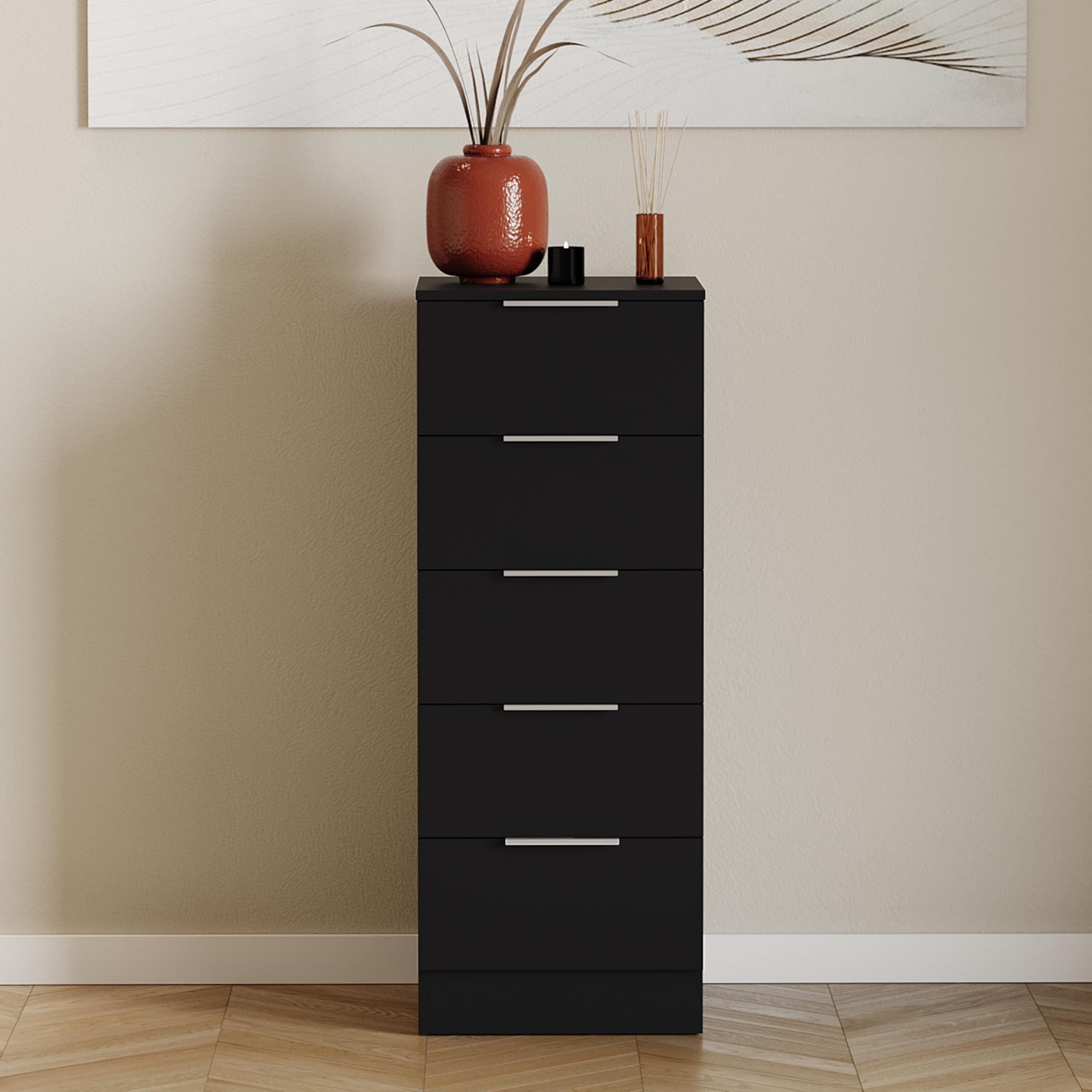 Vida Designs Trega Kommode mit 5 Schubladen | Schwarz | 90 H x 34,5 B x 36 T cm | Schmal | Platzsparende Stauraumeinheit | Schubladenstütze gegen Durchbiegen | Leichtgängige Schubladenführungen
