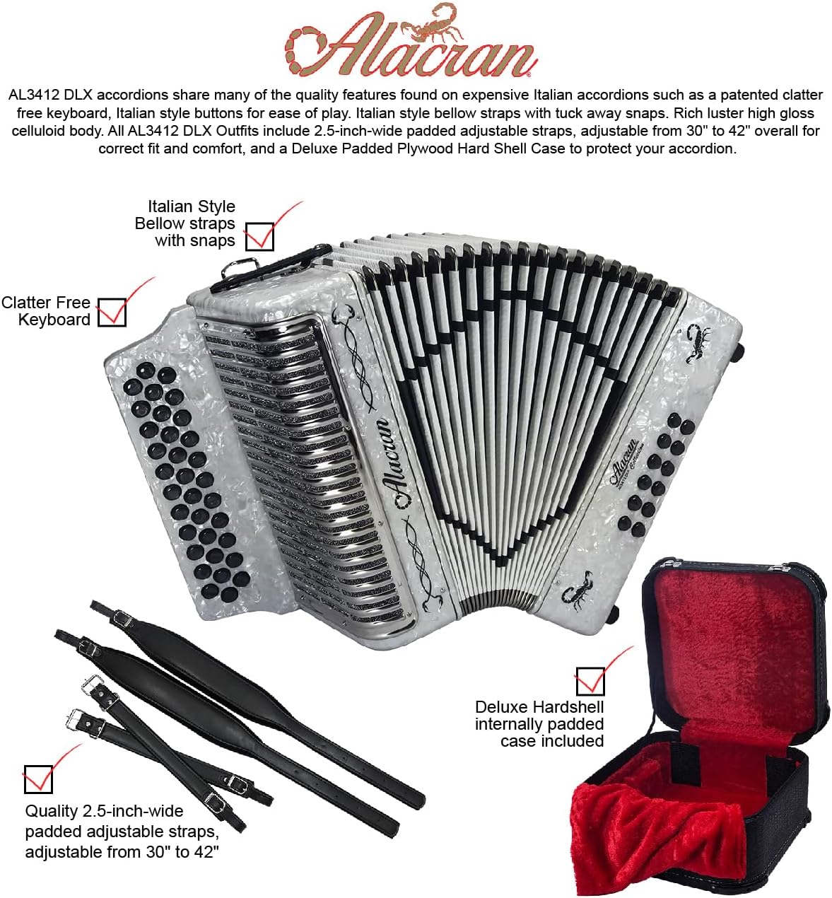 Alacran NAL3412 DLX Accordion Package: 34 Button, 12 Bass Accordion with Case and Straps (Mi/EAD, White Pearl)