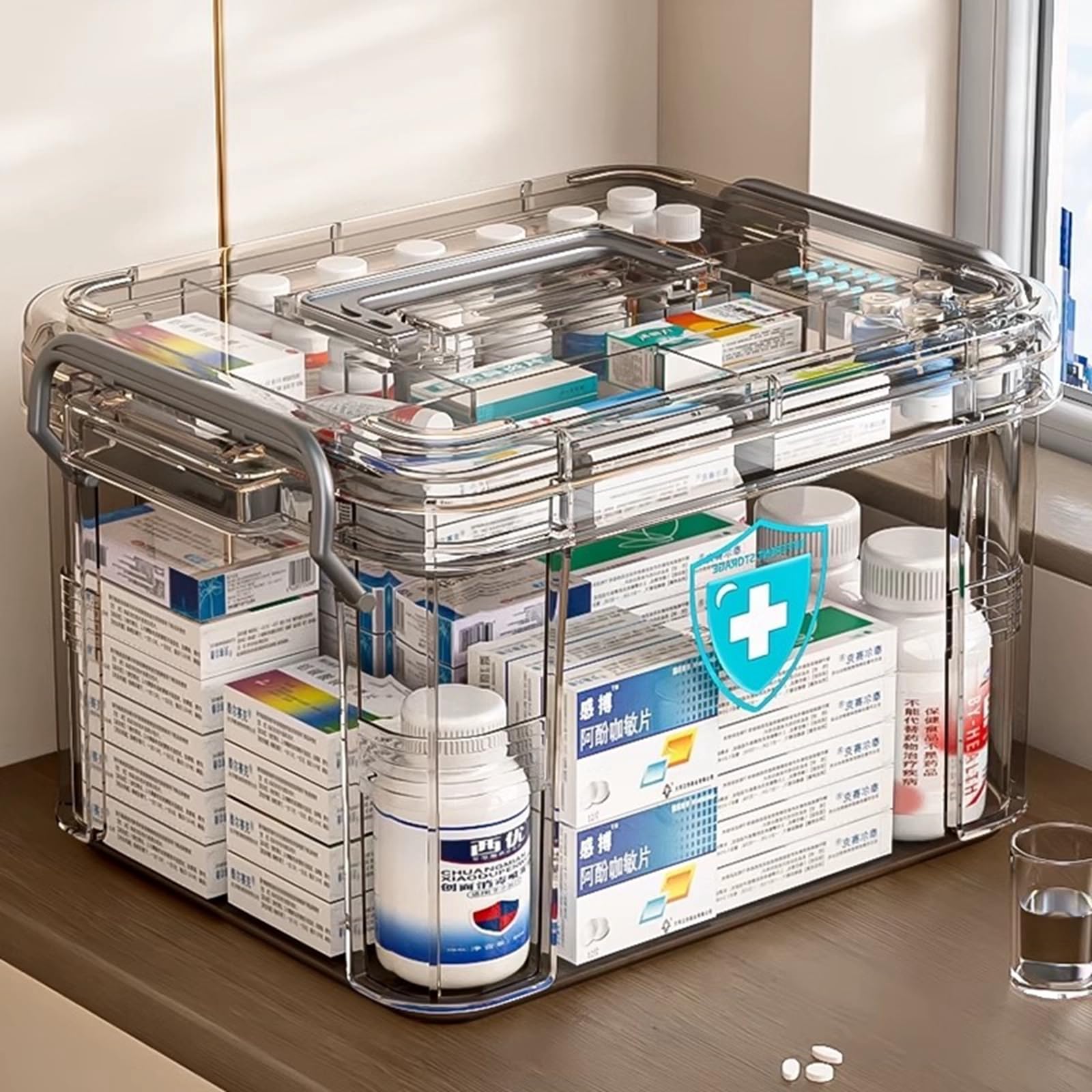 Caja Medicamentos, Organizador Medicamentos Portátil 2 Capas con Compartimento Extraíble y Asa, 33.5x 23.5 x 18.5 cm Caja para Medicina de Gran Capacidad