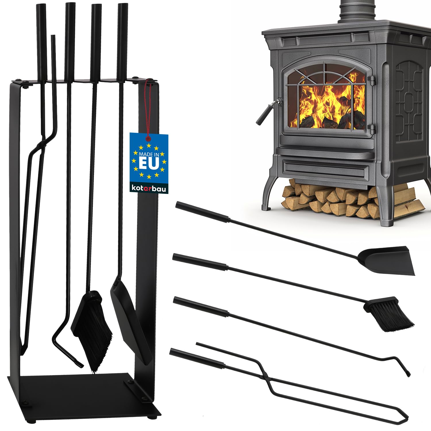 KOTARBAU® Juego de herramientas para chimenea de acero, Set de 5 piezas: escoba, pala, pinzas y atizador de ceniza con soporte de pie, Herramientas para chimenea, estufa, Negro