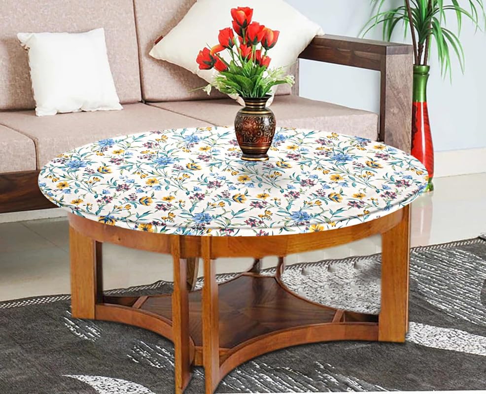 Image of The Furnishing Tree Elastic Cotton Round Center Table Cover 24x24 in Inches Floral Golden Leaf on offwhite Base