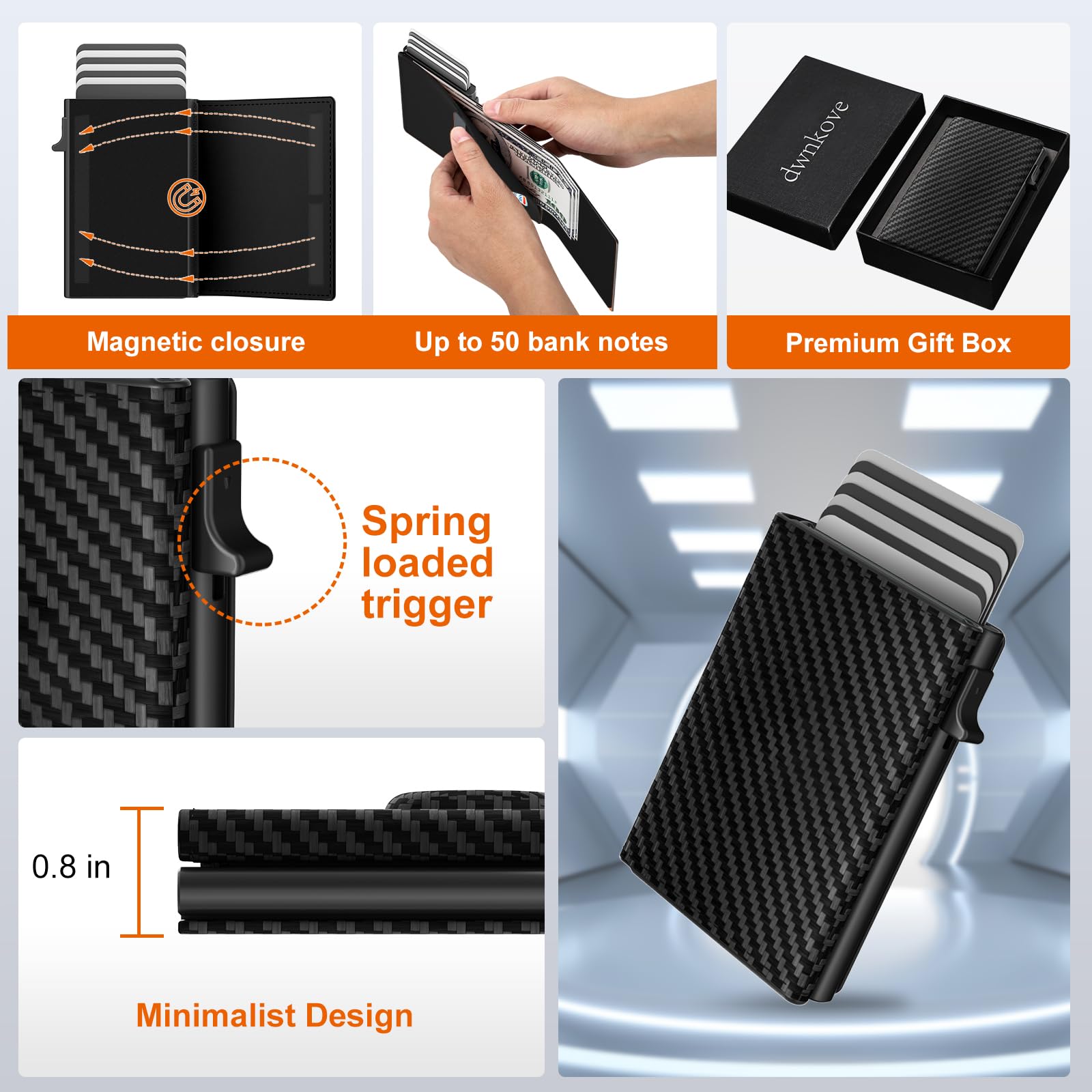 Portafoglio Uomo Slim, Porta Carte di Credito Uomo con Chiusura Magnetica e Portamonete, Portafoglio uomo Pelle Fibra di Carbonio, Portacarte Uomo pop-up per 9-14 carte, Finestra ID, Slot per contanti