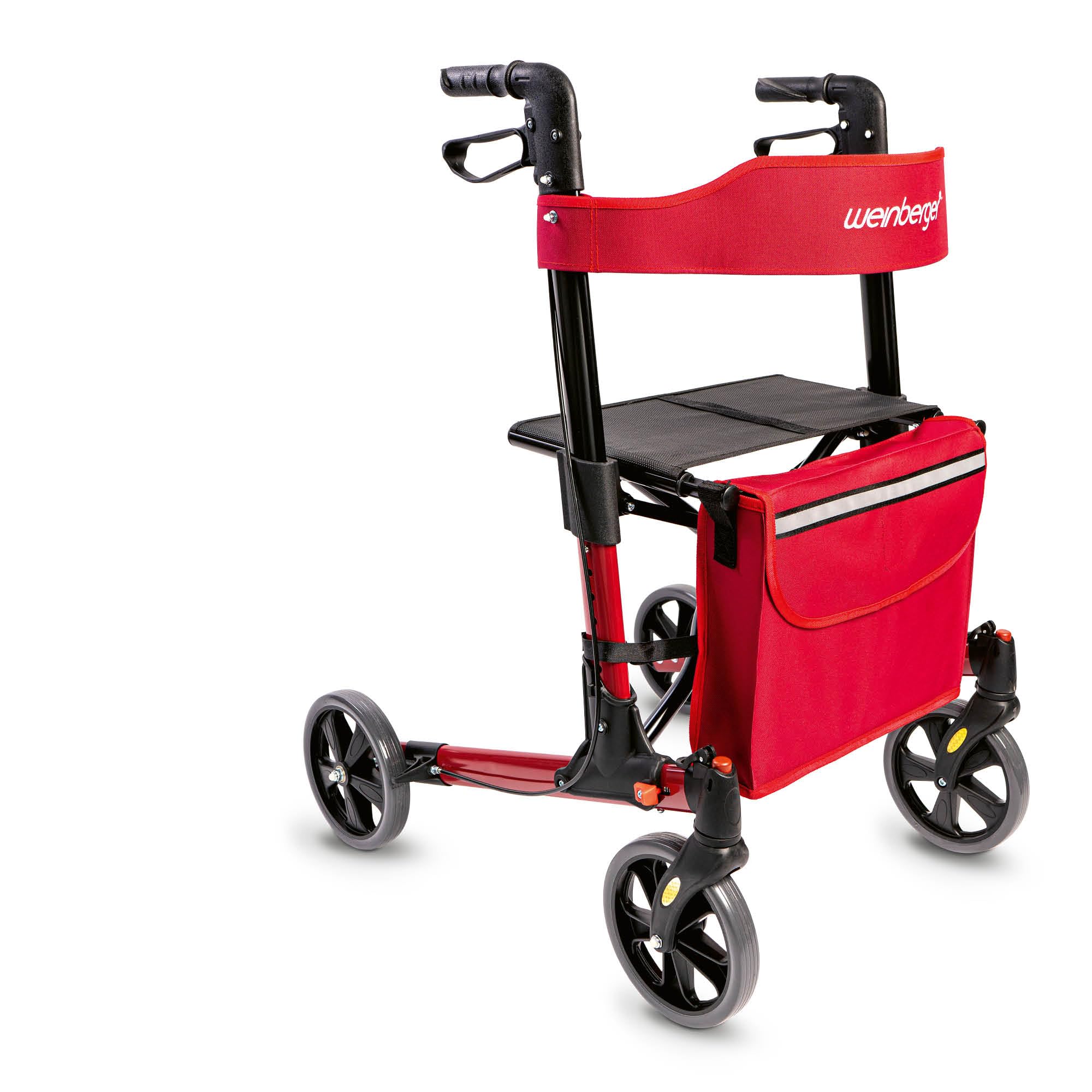 Weinberger Andador plegable de aluminio ligero todo incluido con bolsa de soporte de bastón, frenos, peso ligero de solo 7,3 kg, altura regulable, andador de viaje, color rojo