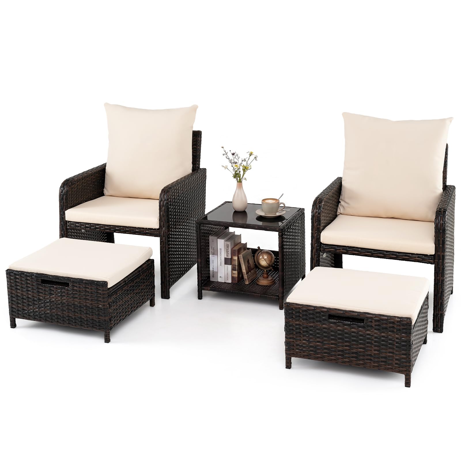 COSTWAY Salotto da Esterno 5 Pezzi, Set Giardino Esterno in Rattan (Beige)