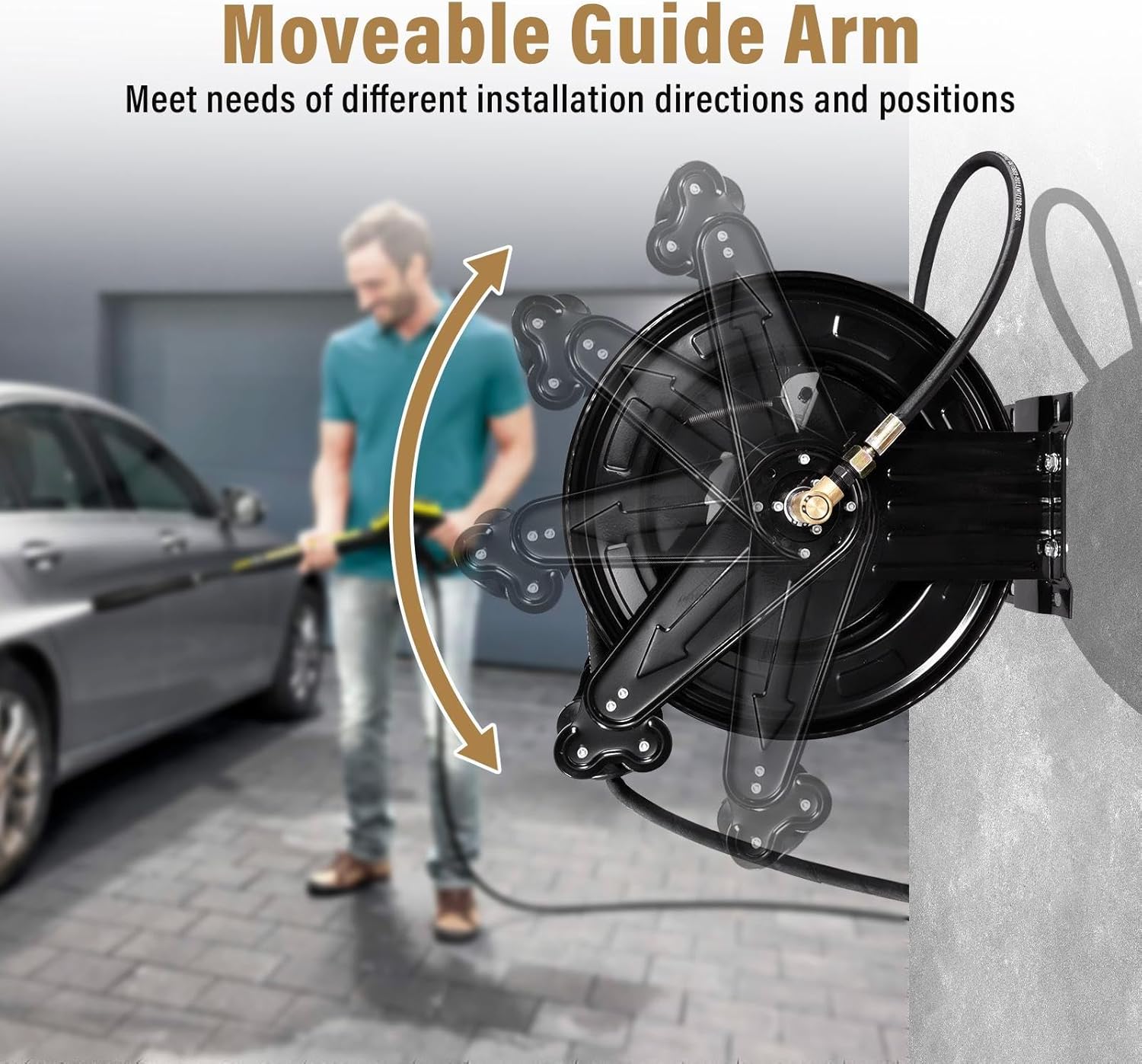 Retractable Pressure Washer Hose Reel, Steel Heavy Duty Garden Hose Reel, 4000 PSI, Double Arm Auto Rewind, for Factory Floors, Garages Cleaning