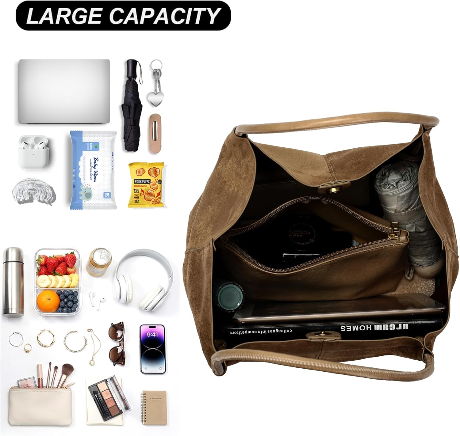 Suede Tote Bag for Women with Leather Purse Large Capacity Work Travel Handbags Ladies Shoulder Bags
