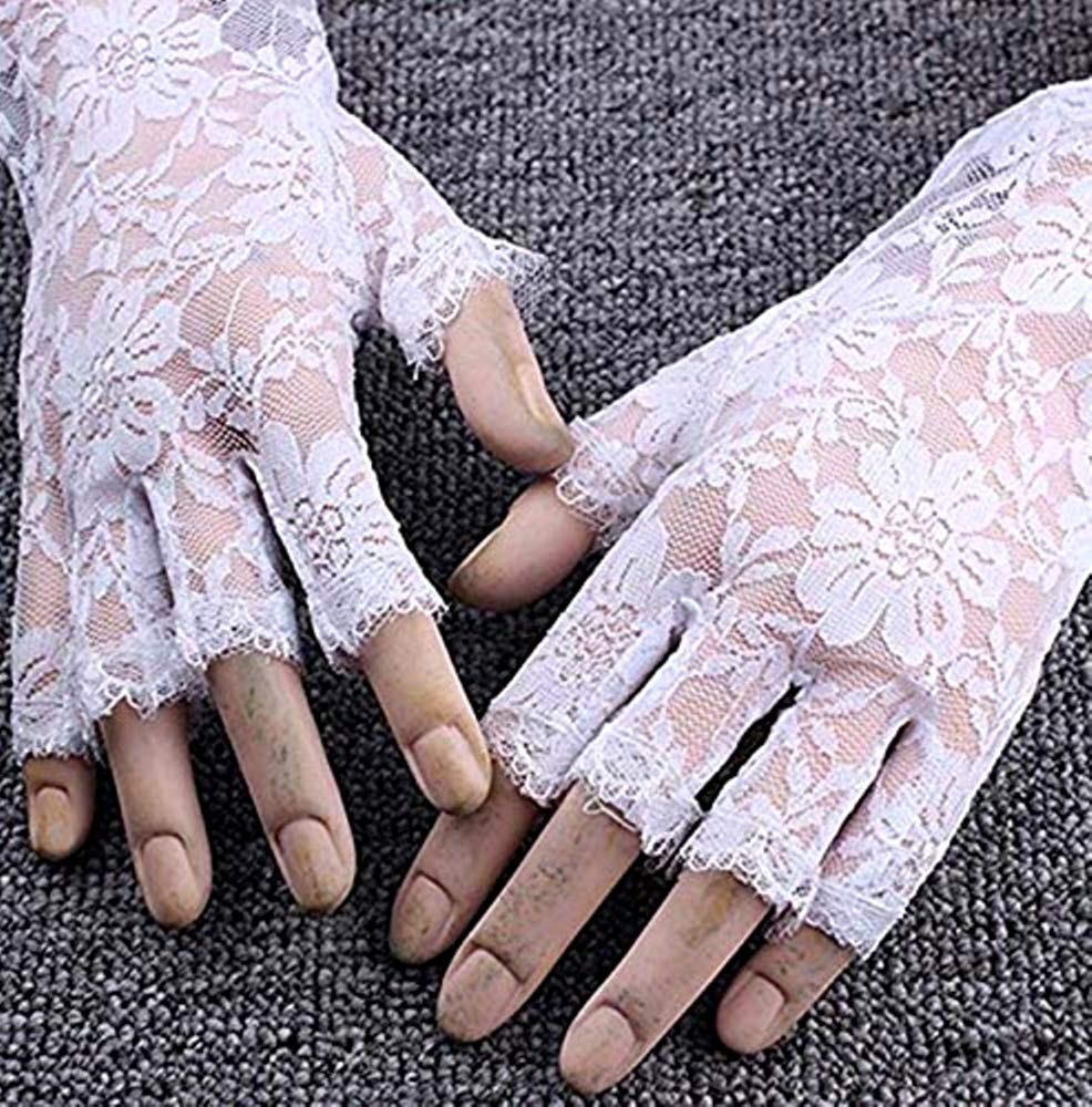Gants Longs Femme Sans Doigts – Dentelle Noire Avec Perles – Élégant Pour Soirée, Idée Cadeau Noël Ou Anniversaire